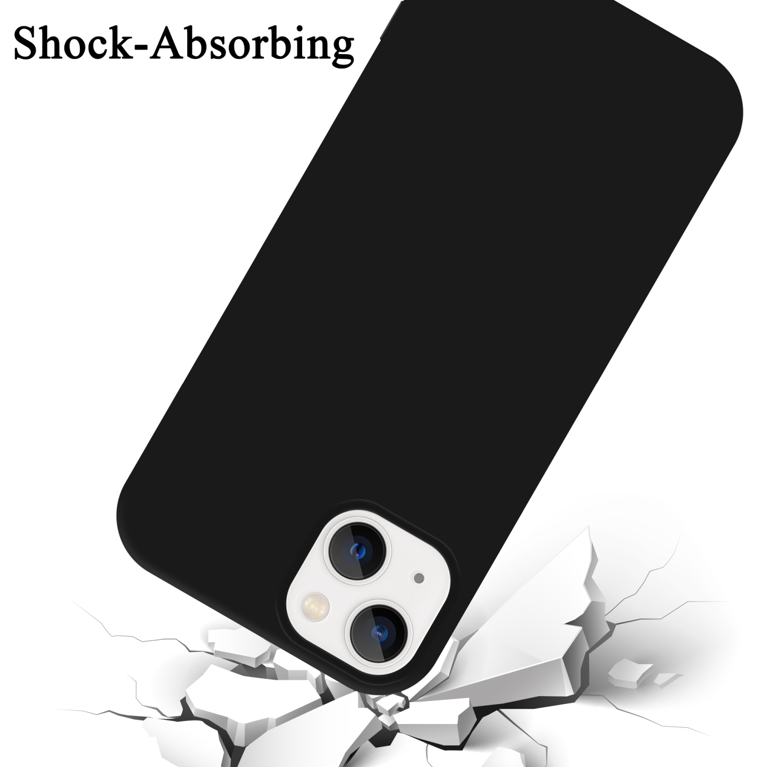 Schwarze Handyhülle mit einem Telefon und Rissen, die stoßabsorbierende Eigenschaften hervorheben.