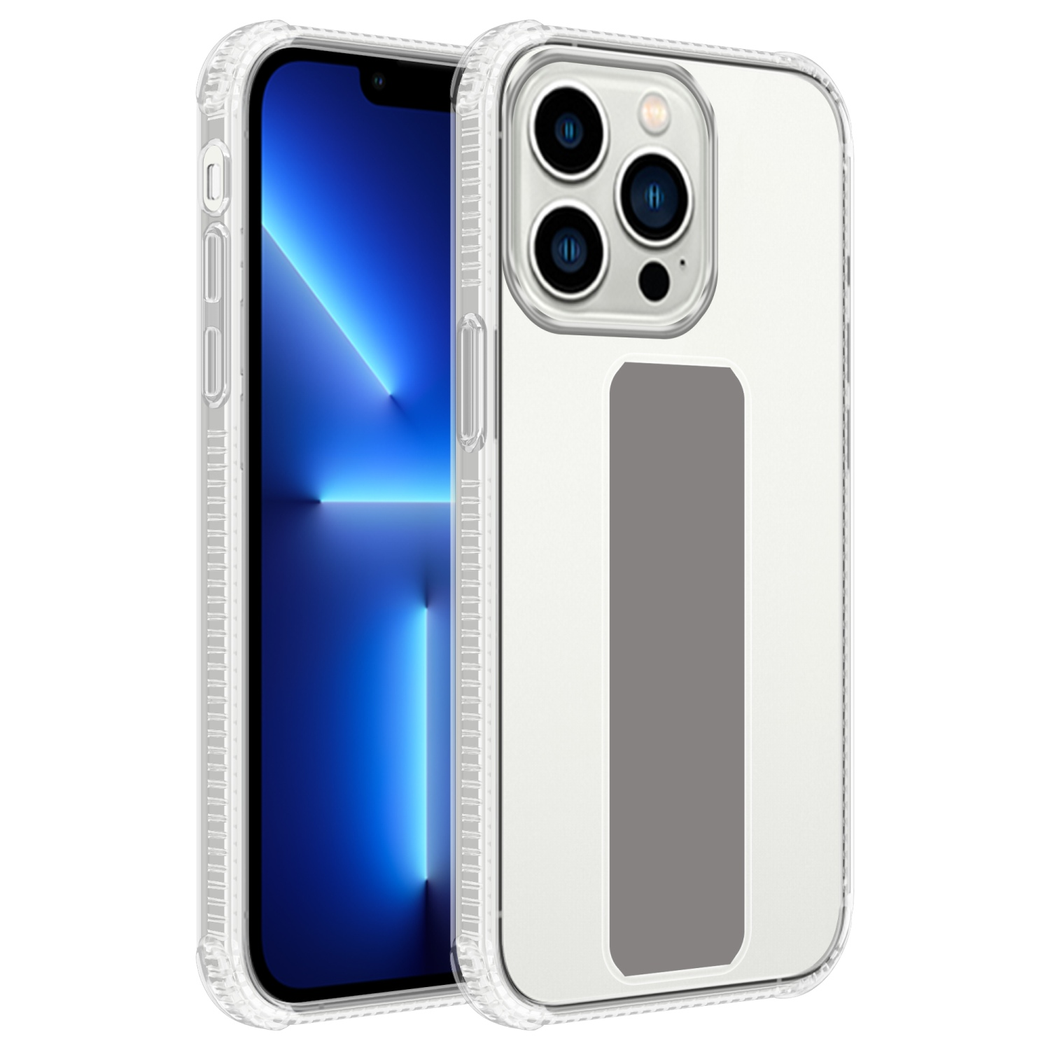 Telefon mit durchsichtiger Hülle. Der Bildschirm des Telefons ist blau. Die Hülle hat einen grauen Streifen.