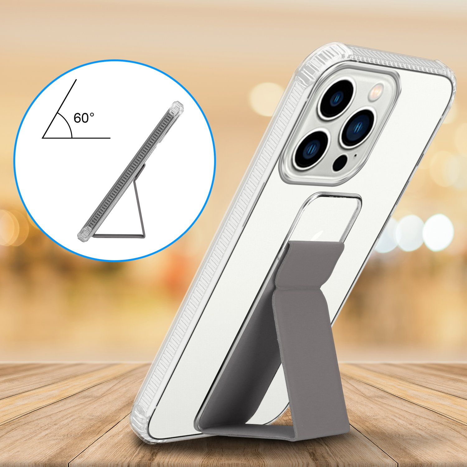 Eine transparente Handyhülle mit Ständer. Der Ständer stützt das Telefon bei 60 Grad.