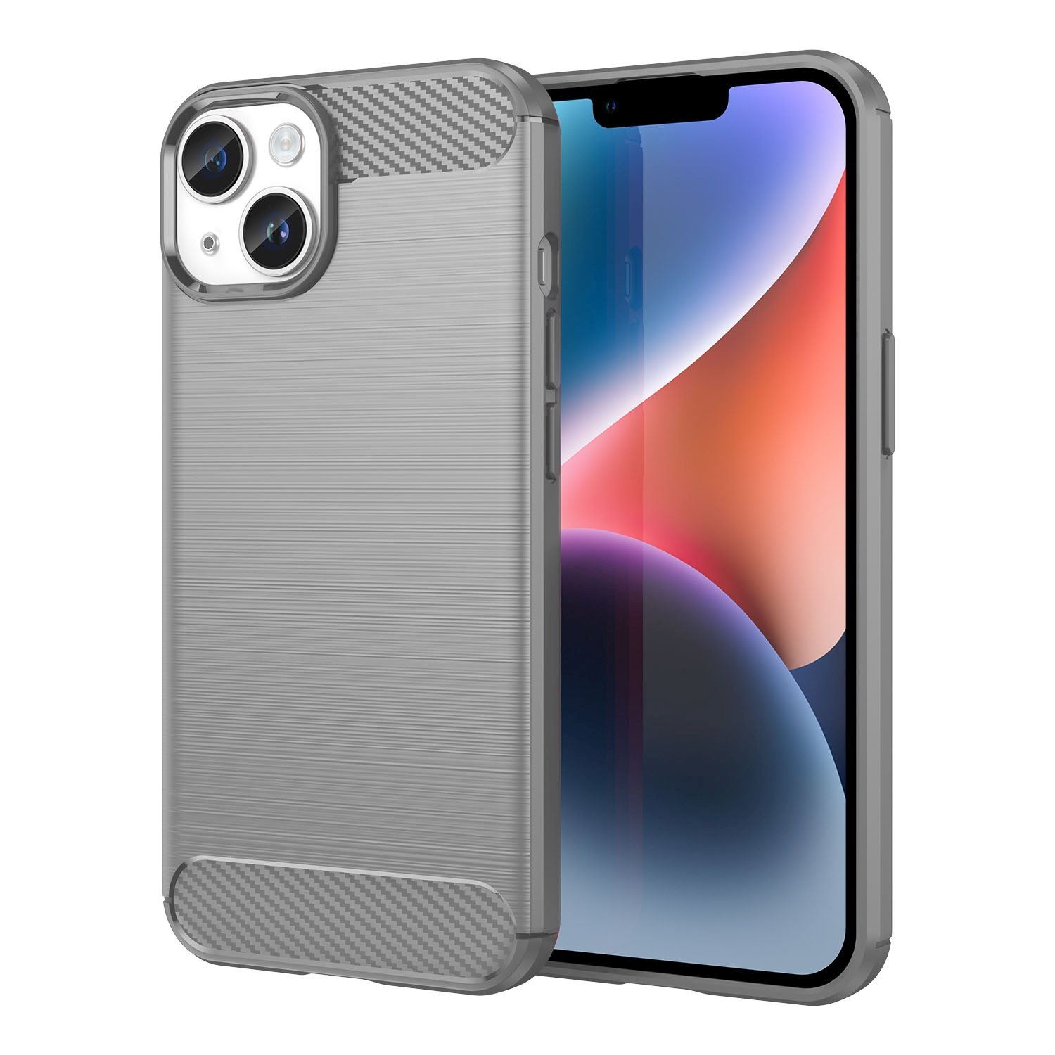 Graue Handyhülle mit Carbonfaser-Optik auf Rückseite und Seite. Telefon ist in der Hülle.