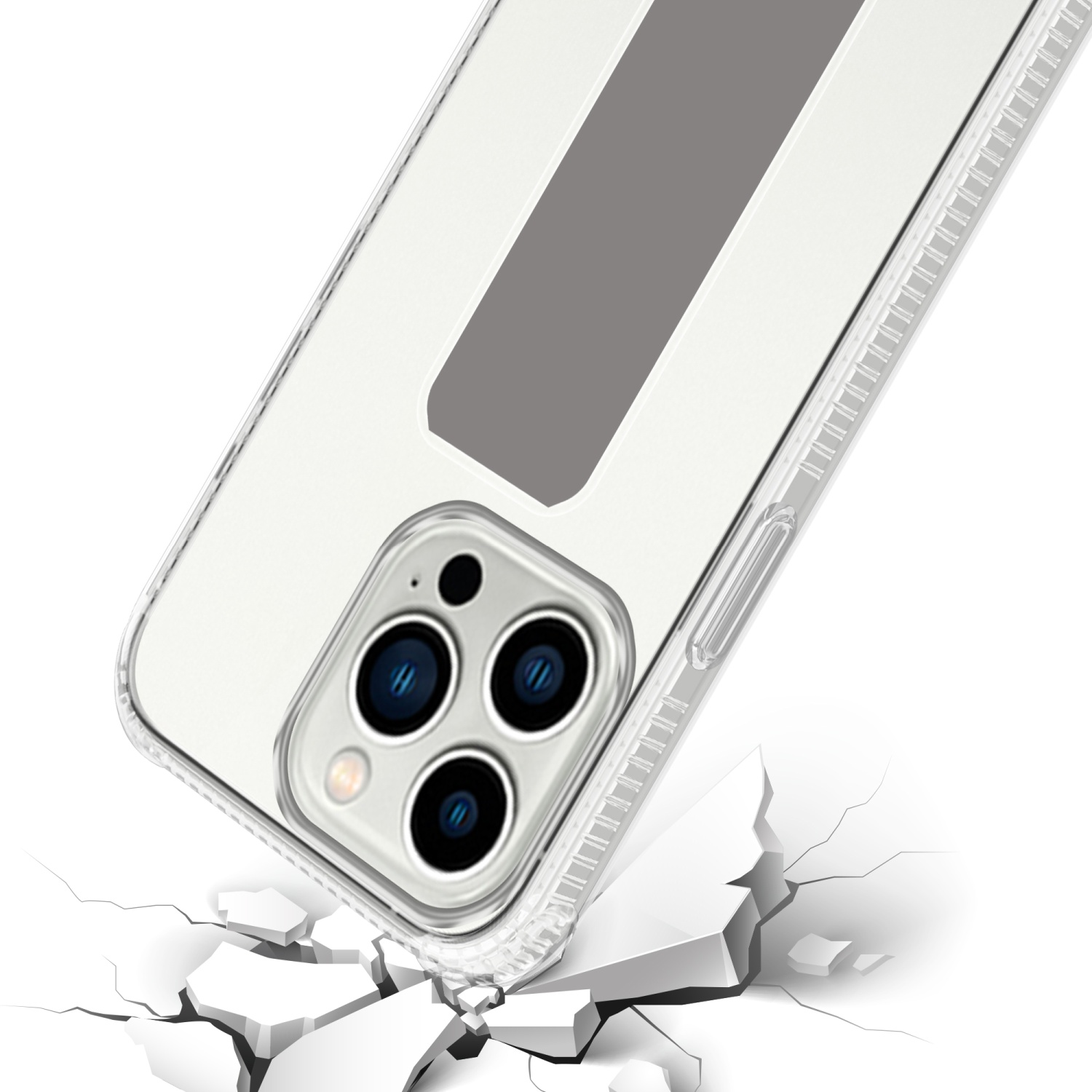 Klare Handyhülle auf rissiger Oberfläche, Telefon im Inneren, Rückseite sichtbar.