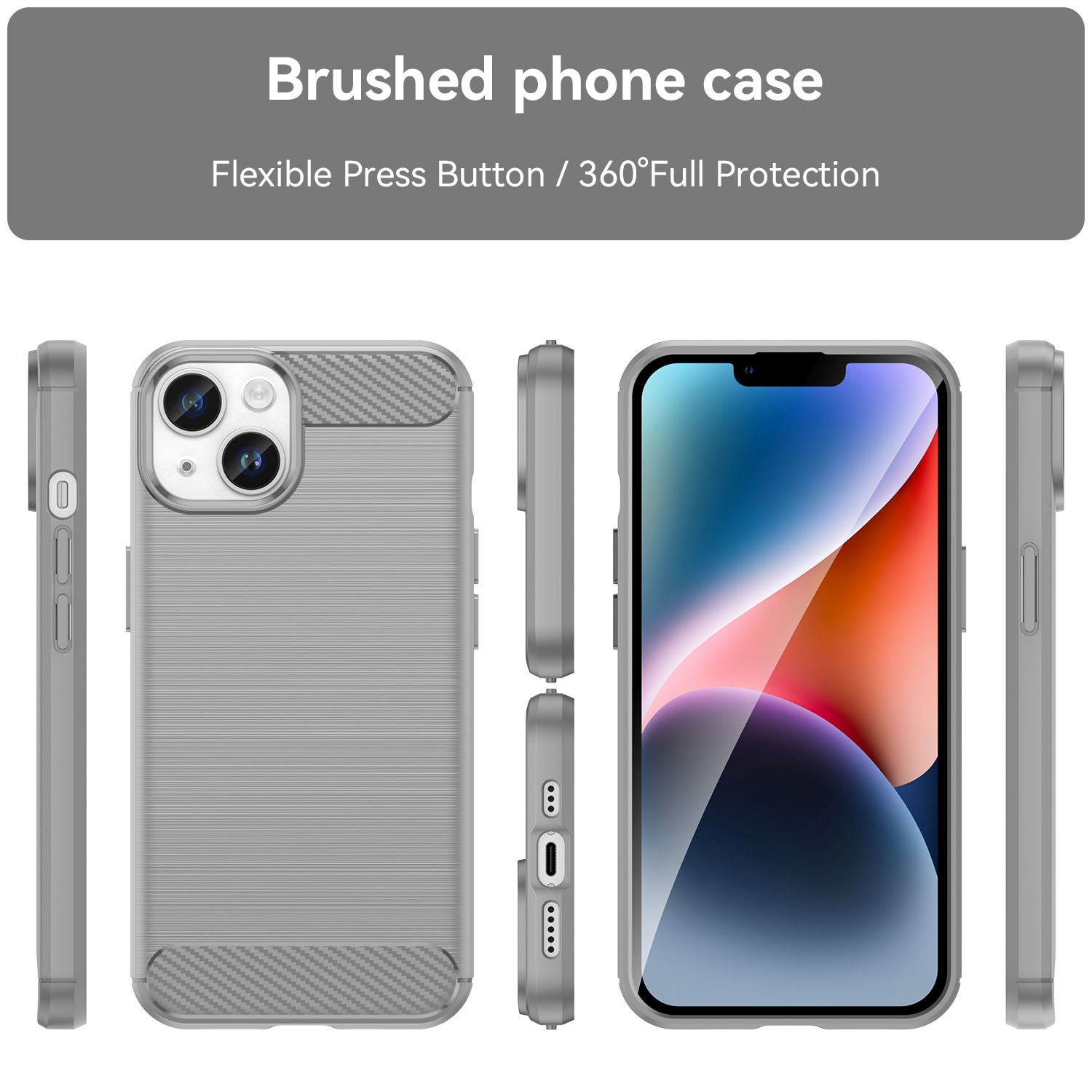 Eine graue Handyhülle wird aus verschiedenen Blickwinkeln gezeigt, mit Text, der 'Brushed phone case' und seine Funktionen sagt.