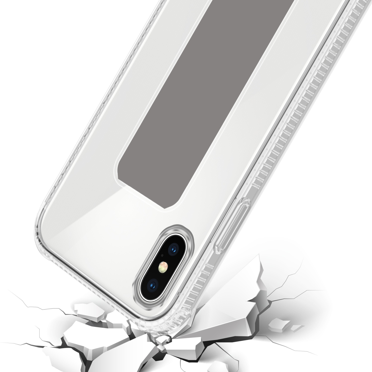 Transparente Handyhülle schräg auf rissigem Boden. Das Telefon ist sichtbar. Die Hülle ist transparent.