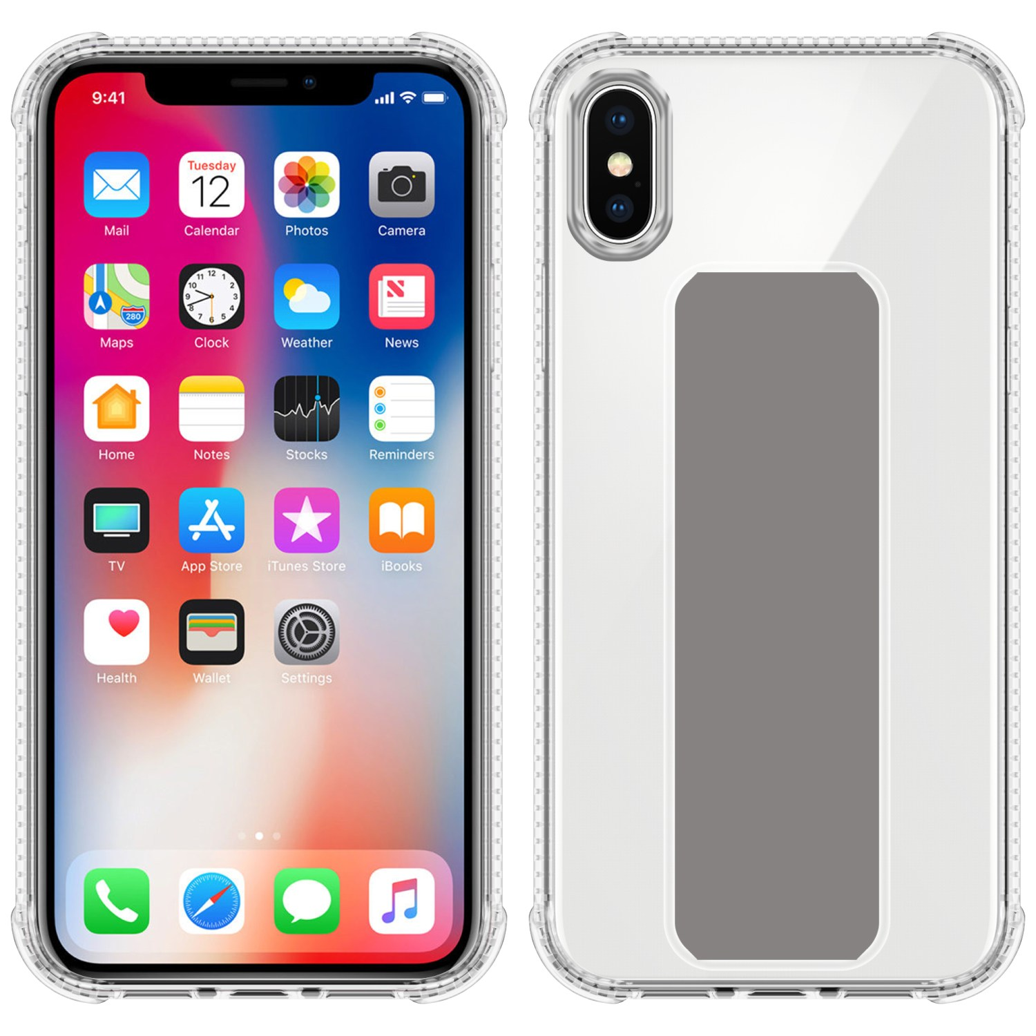 Ein Telefon mit einer durchsichtigen Hülle. Der Bildschirm zeigt App-Symbole.