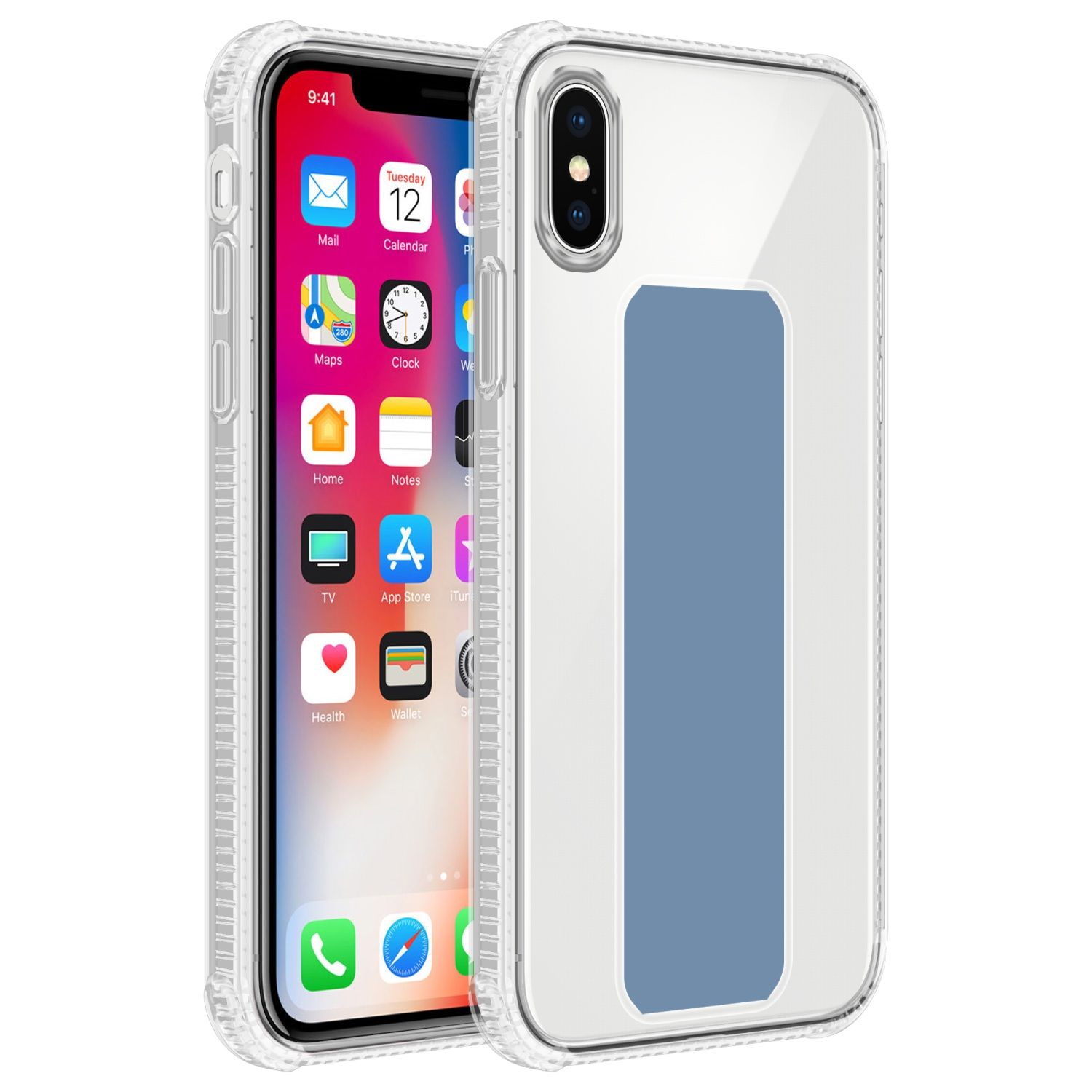 Telefon mit durchsichtiger Hülle. Der Bildschirm des Telefons ist an. Die Hülle hat einen blauen Streifen.
