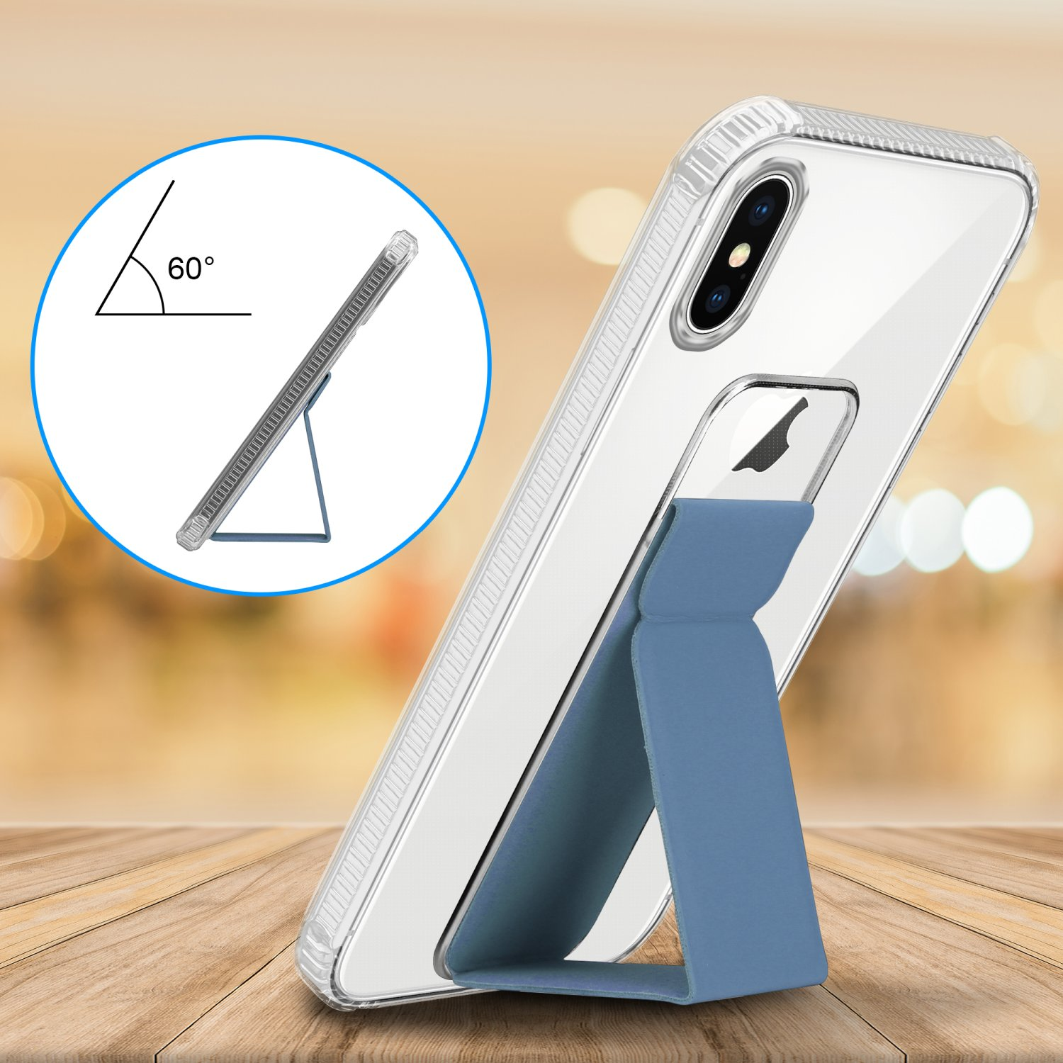 Transparente Handyhülle mit blauem Ständer. Zeigt das Telefon in einem 60-Grad-Winkel.