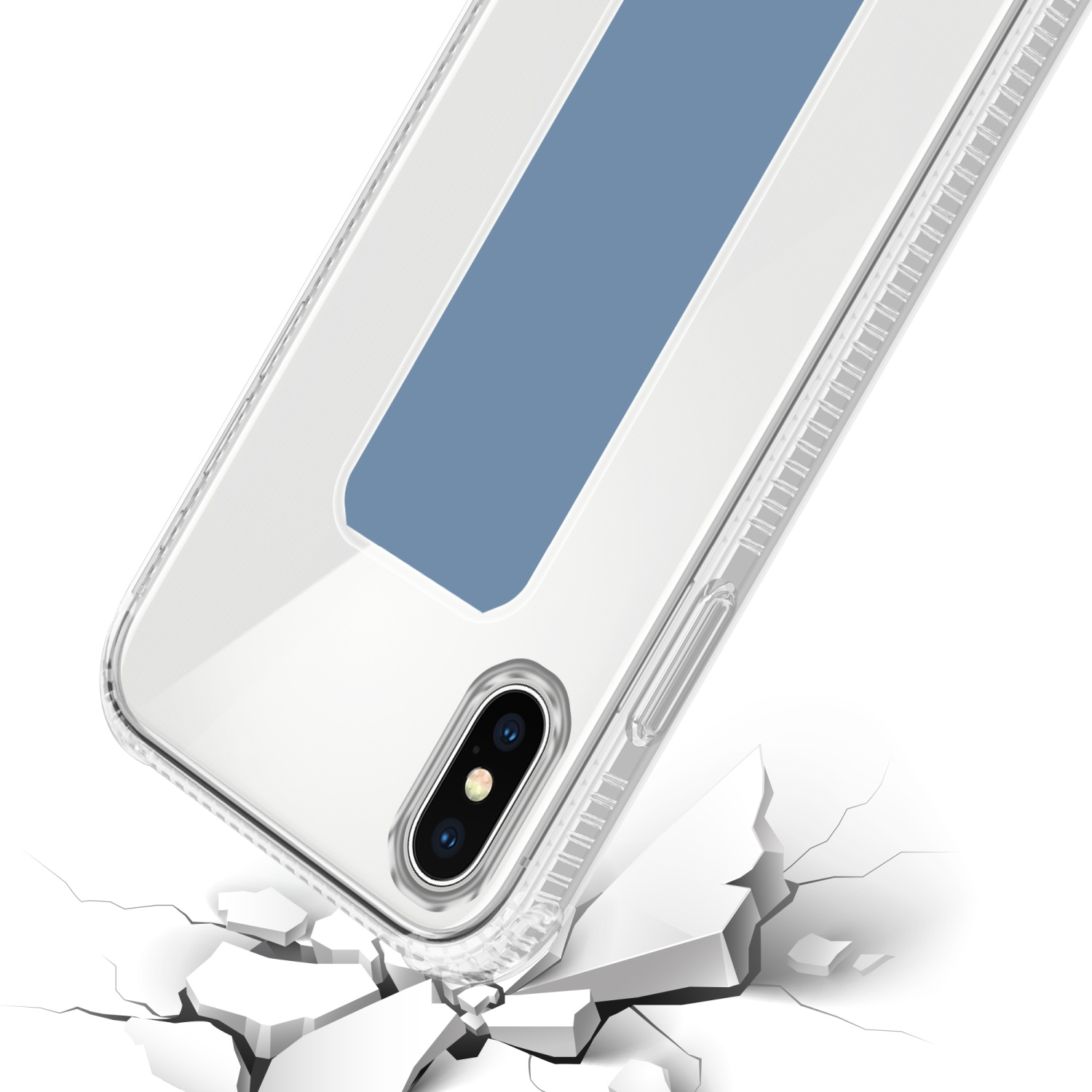 Transparente Handyhülle mit blauem Streifen, die auf eine zerbrochene Oberfläche fällt.