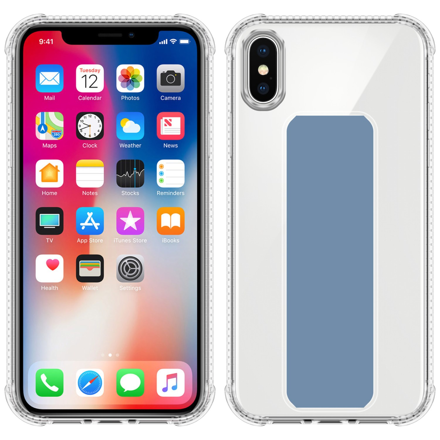 Telefon mit durchsichtiger Hülle. Links zeigt den Startbildschirm mit Apps. Rechts zeigt einen blauen Streifen.