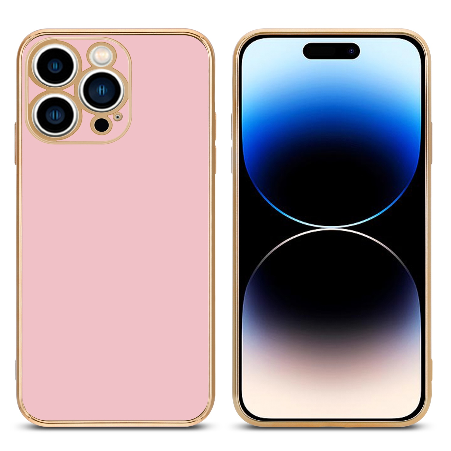 Rosa-goldene Handyhülle, zeigt die Vorder- und Rückseite des Telefons. Das Telefon hat einen gebogenen Bildschirm.
