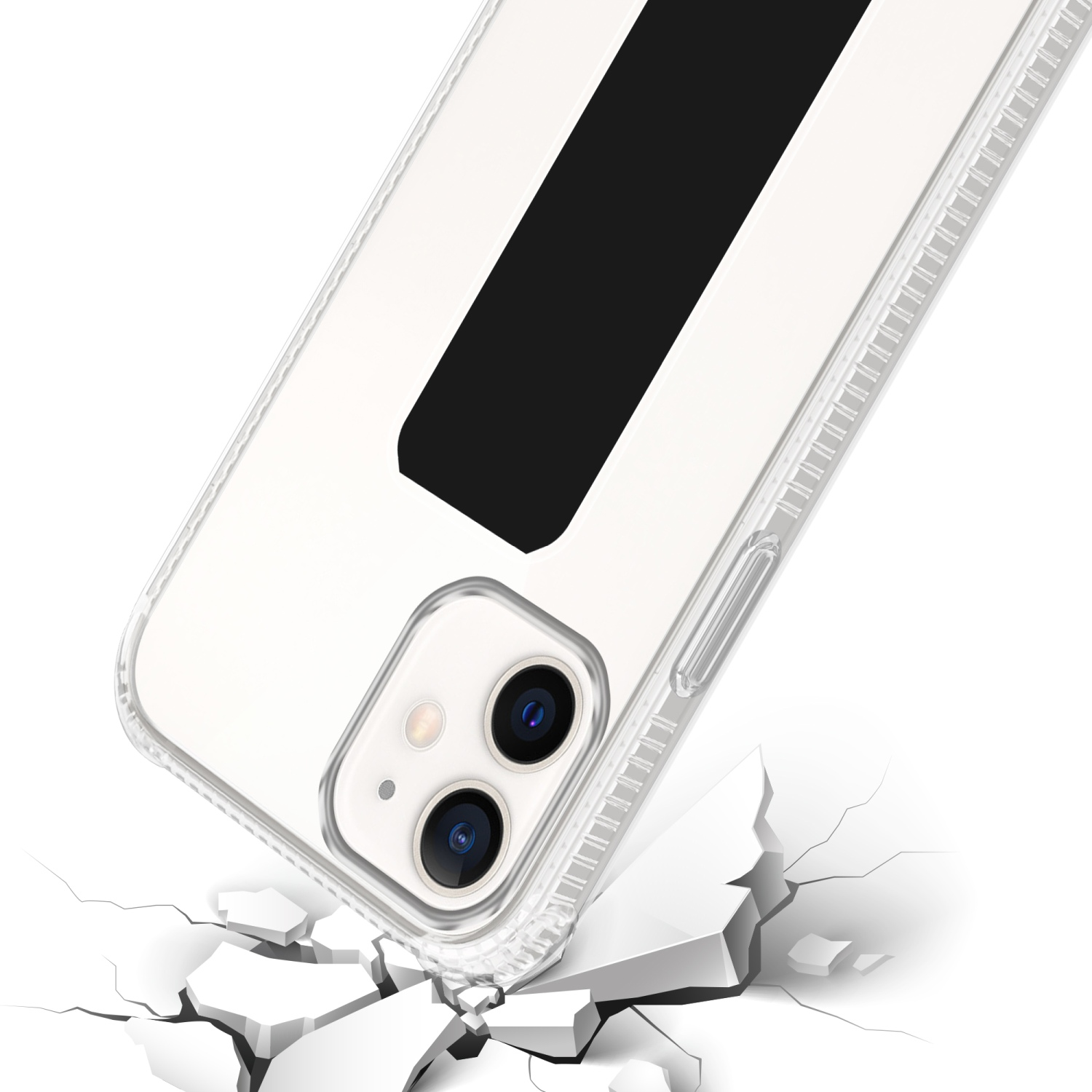 Eine transparente Handyhülle mit dem Telefon im Inneren und Rissen um das Telefon herum.