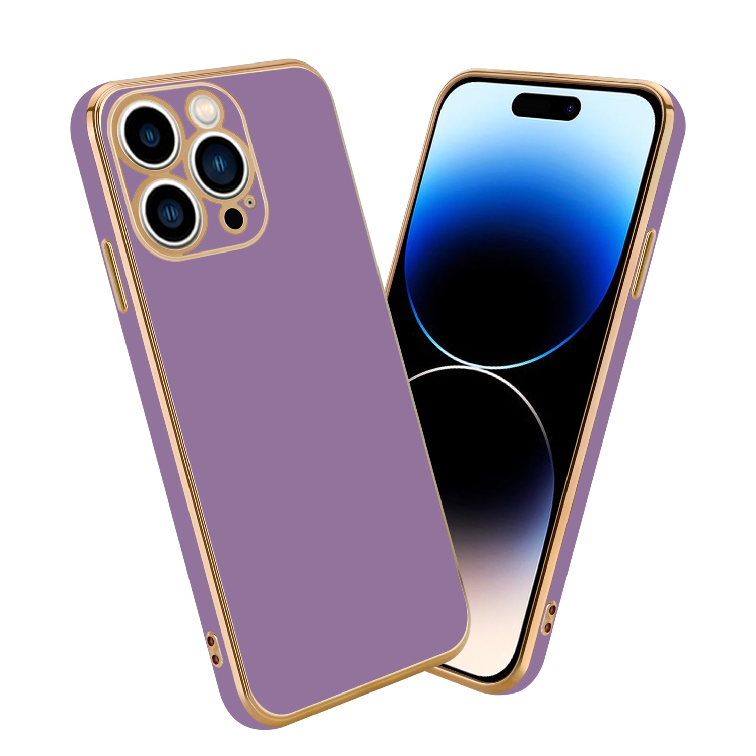 Lilafarbene Handyhülle mit goldenem Rand und einem Handy mit blau-rotem Farbverlauf auf dem Bildschirm.