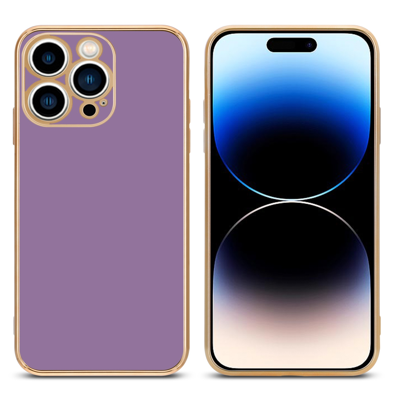 Eine lila Handyhülle mit goldenen Rändern und ein Telefon mit goldenem Rand. Weißer Hintergrund.