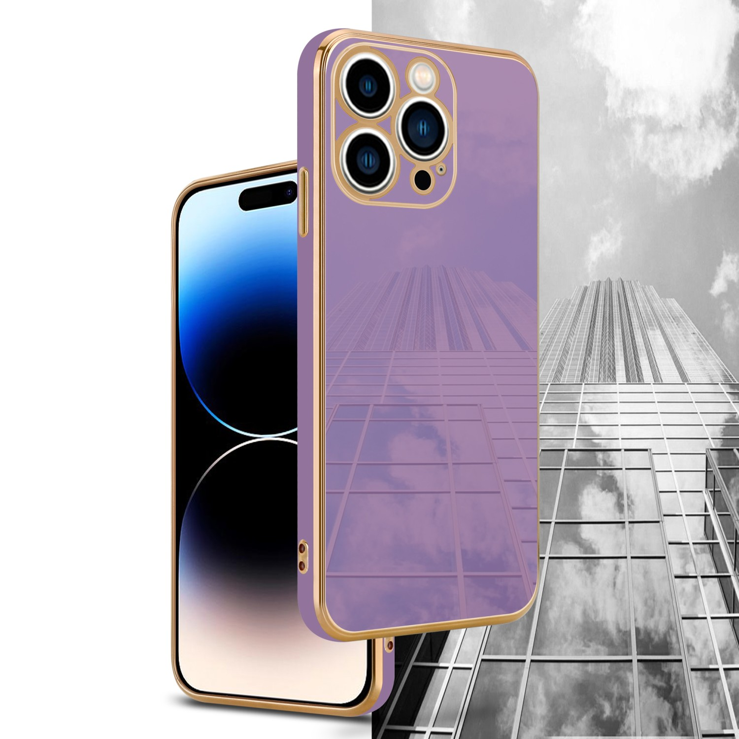 Telefon in lila Hülle, goldene Ränder. Gebäude im Hintergrund.