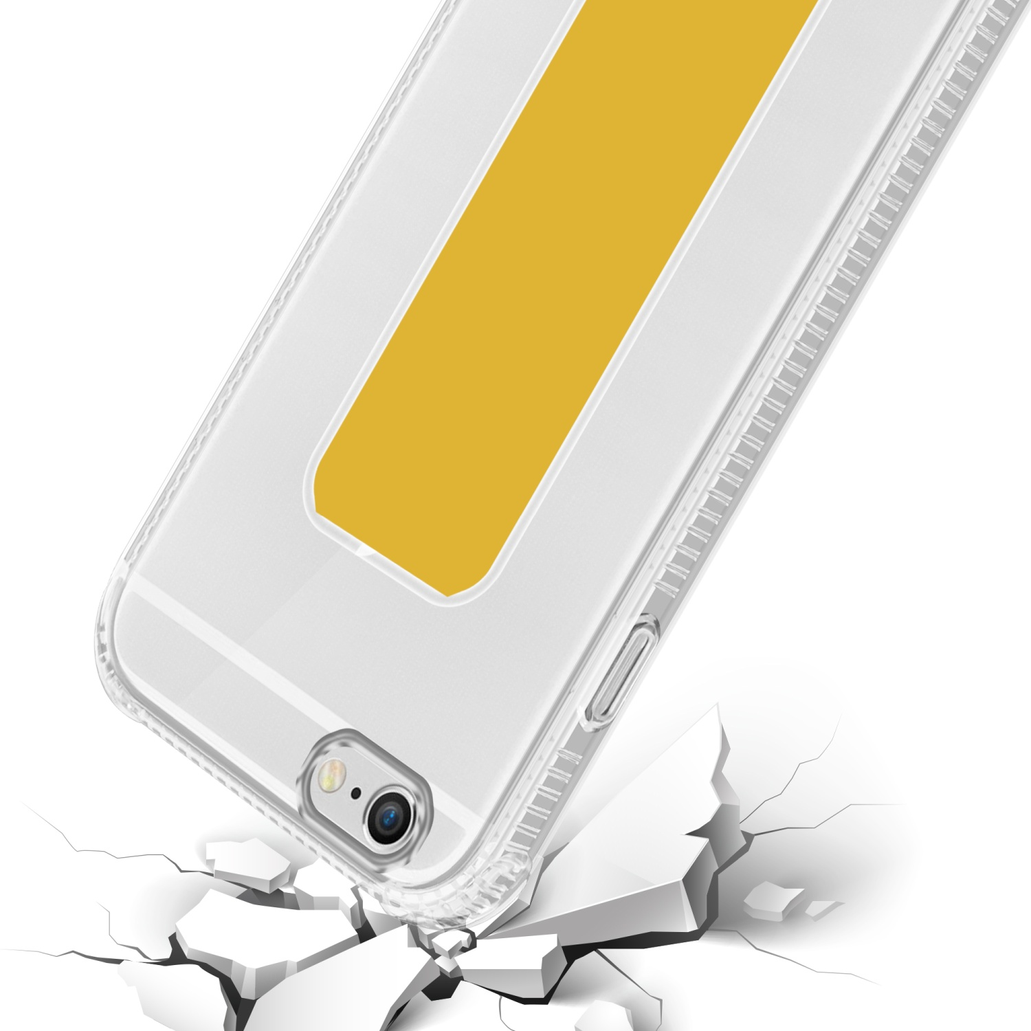 Transparente Handyhülle mit gelbem Streifen, gerissene Oberfläche.
