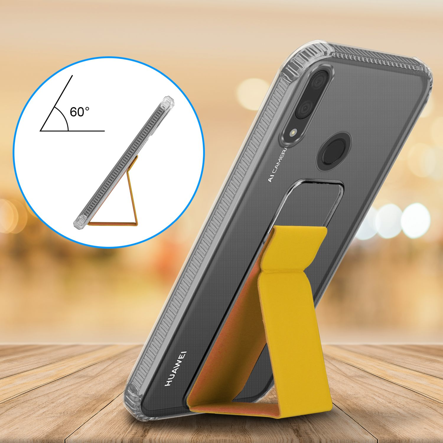 Eine transparente Handyhülle, die mit einem Ständer aufgestellt wird. Das Telefon befindet sich auf einer hellen Oberfläche.
