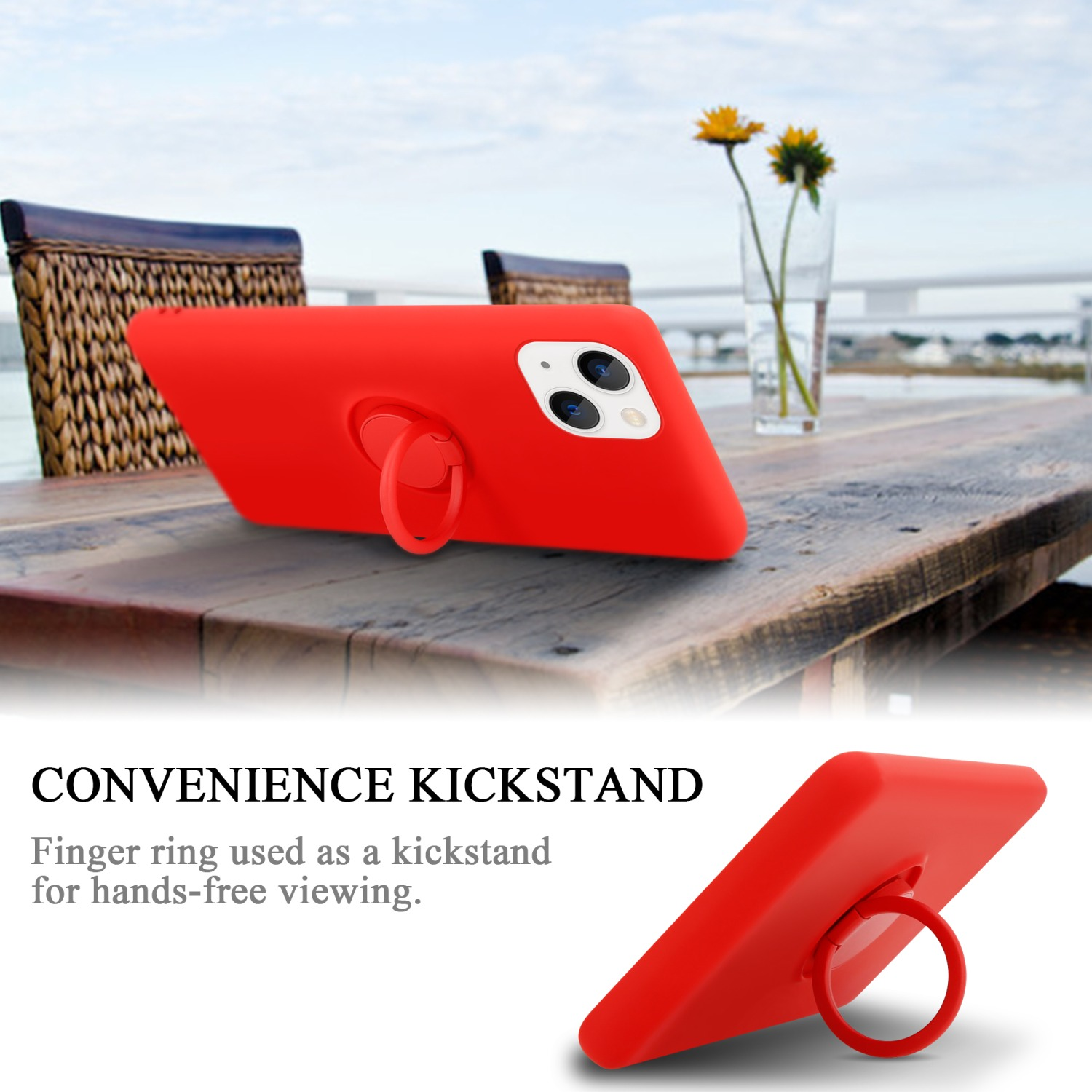 Rote Handyhülle mit Ringständer. Die Hülle liegt auf einem Holztisch.
