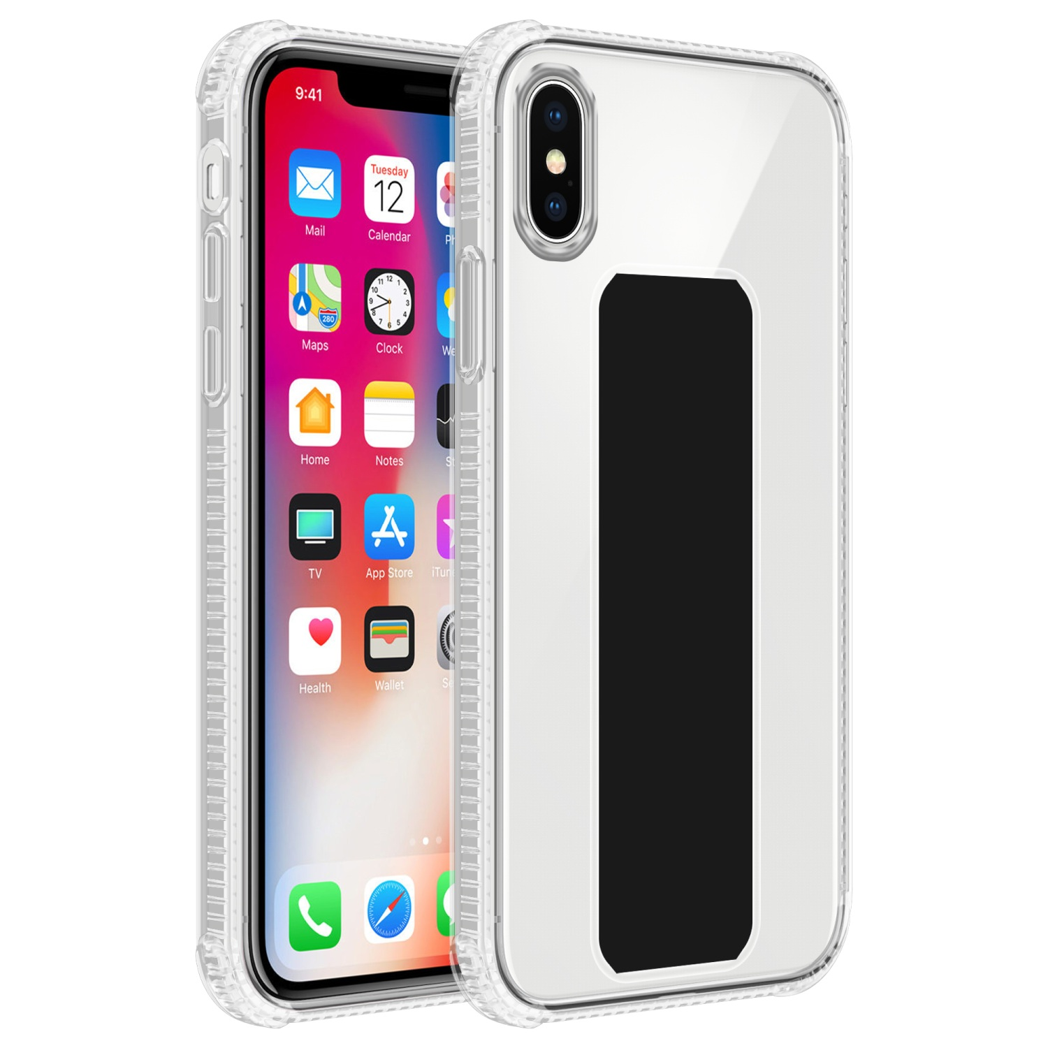 Transparente Handyhülle mit schwarzem Rechteck auf der Rückseite und einem Telefon.