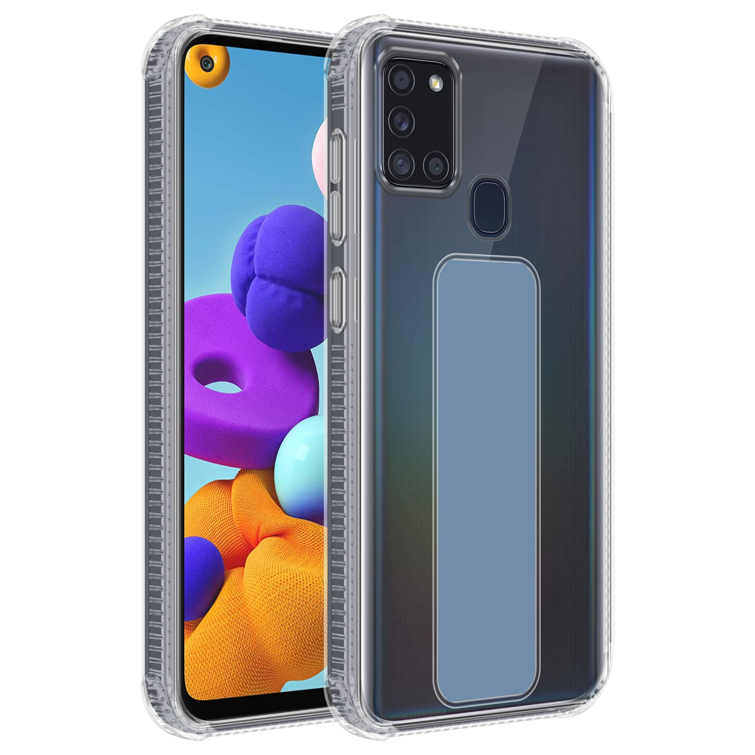 Transparente Handyhülle mit Telefon. Die Hülle hat einen blauen Ständer befestigt.
