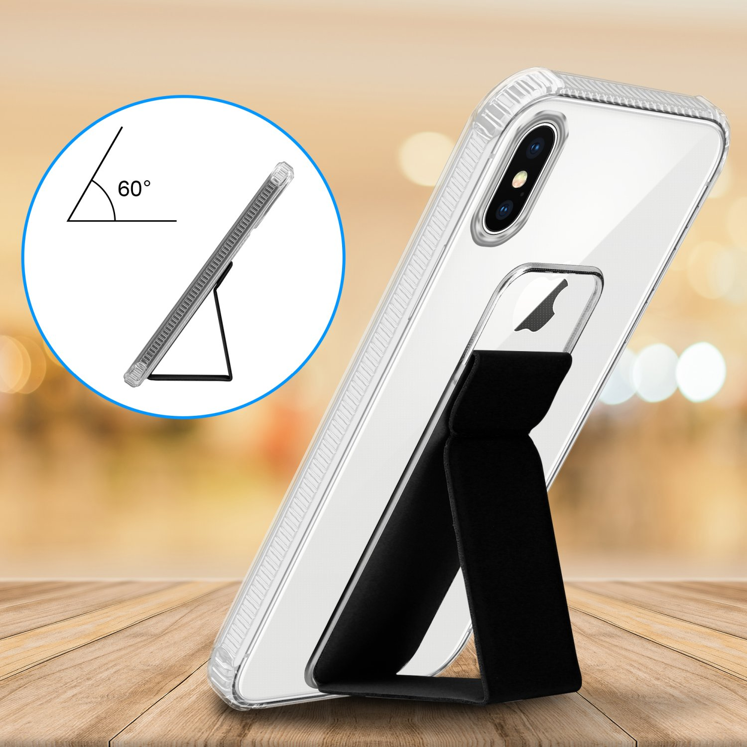 Eine transparente Handyhülle mit Ständer. Der Ständer stützt das Telefon bei 60 Grad.