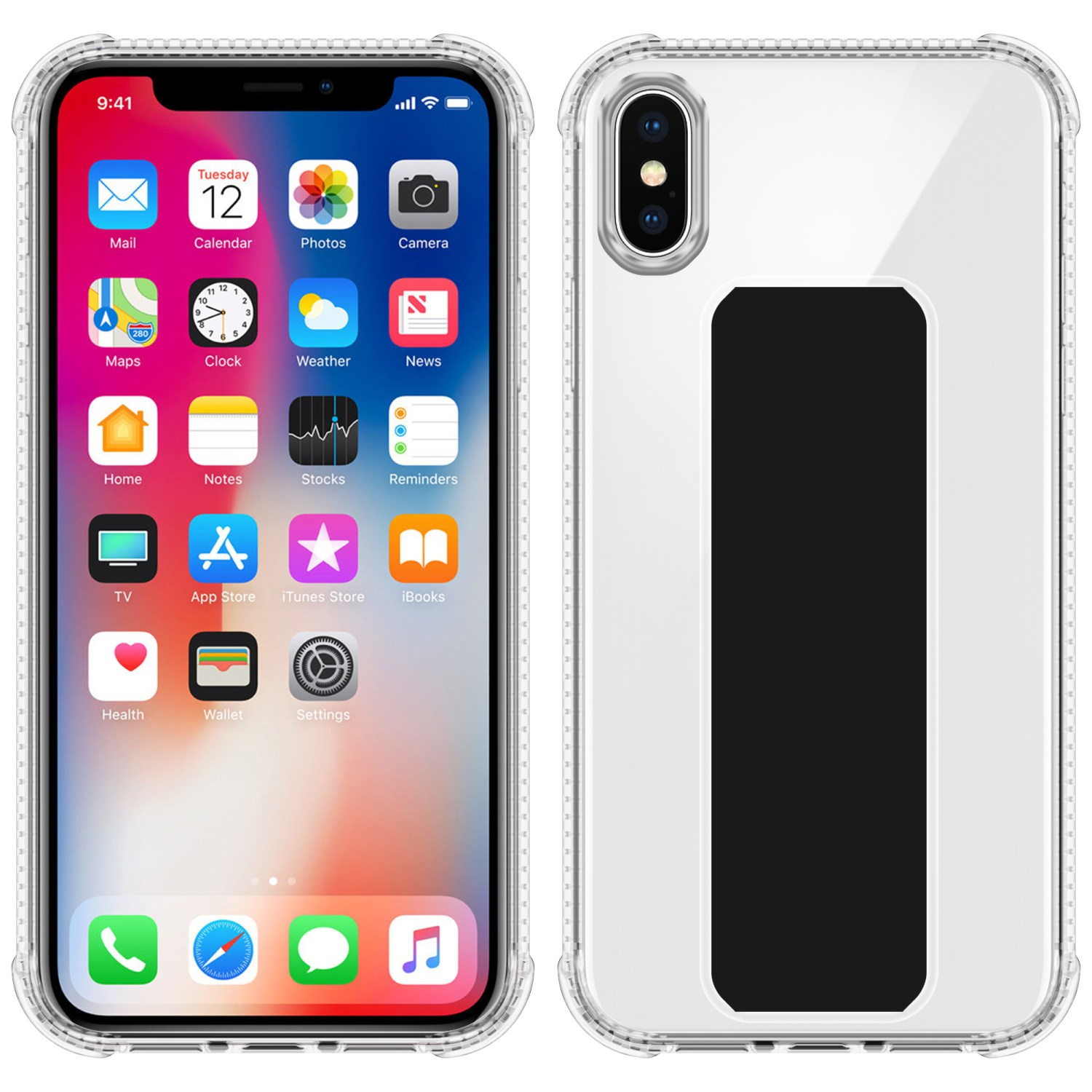 iPhone mit Symbolen auf dem Bildschirm und einer transparenten Handyhülle.
