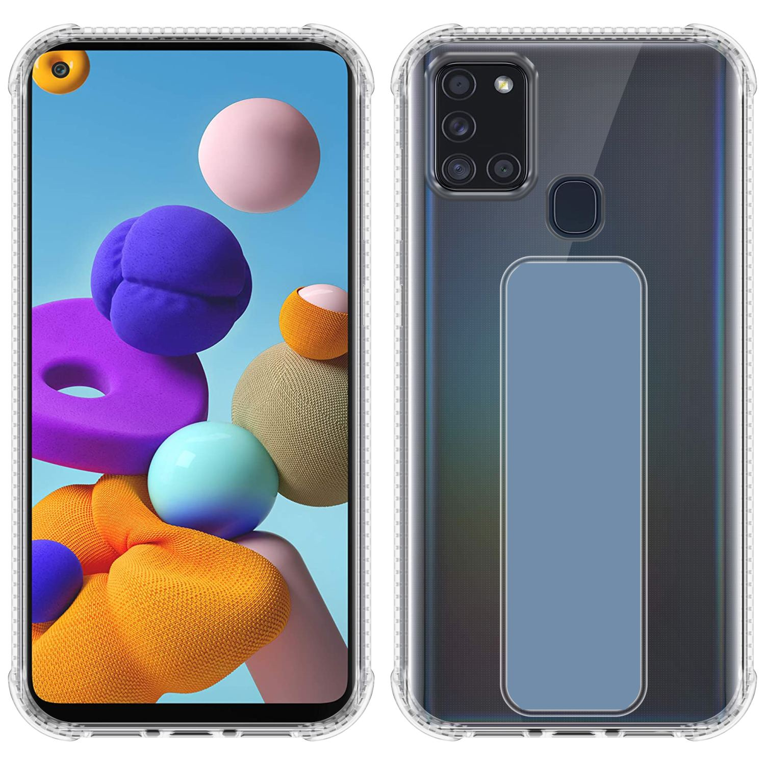 Zweiseitige Handyhülle auf blauem Hintergrund. Die Hülle hat einen Ständer und ein abstraktes Kunstdesign.
