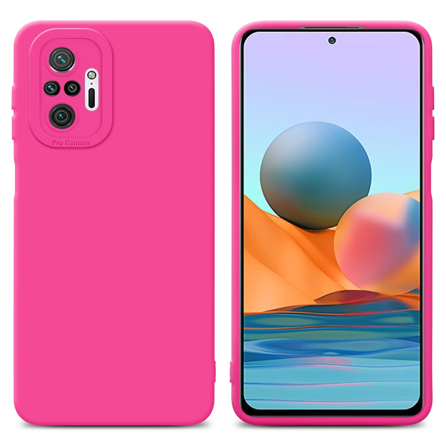 Custodia per telefono rosa con un telefono che mostra un'immagine astratta blu e gialla. Rosa brillante su sfondo bianco.