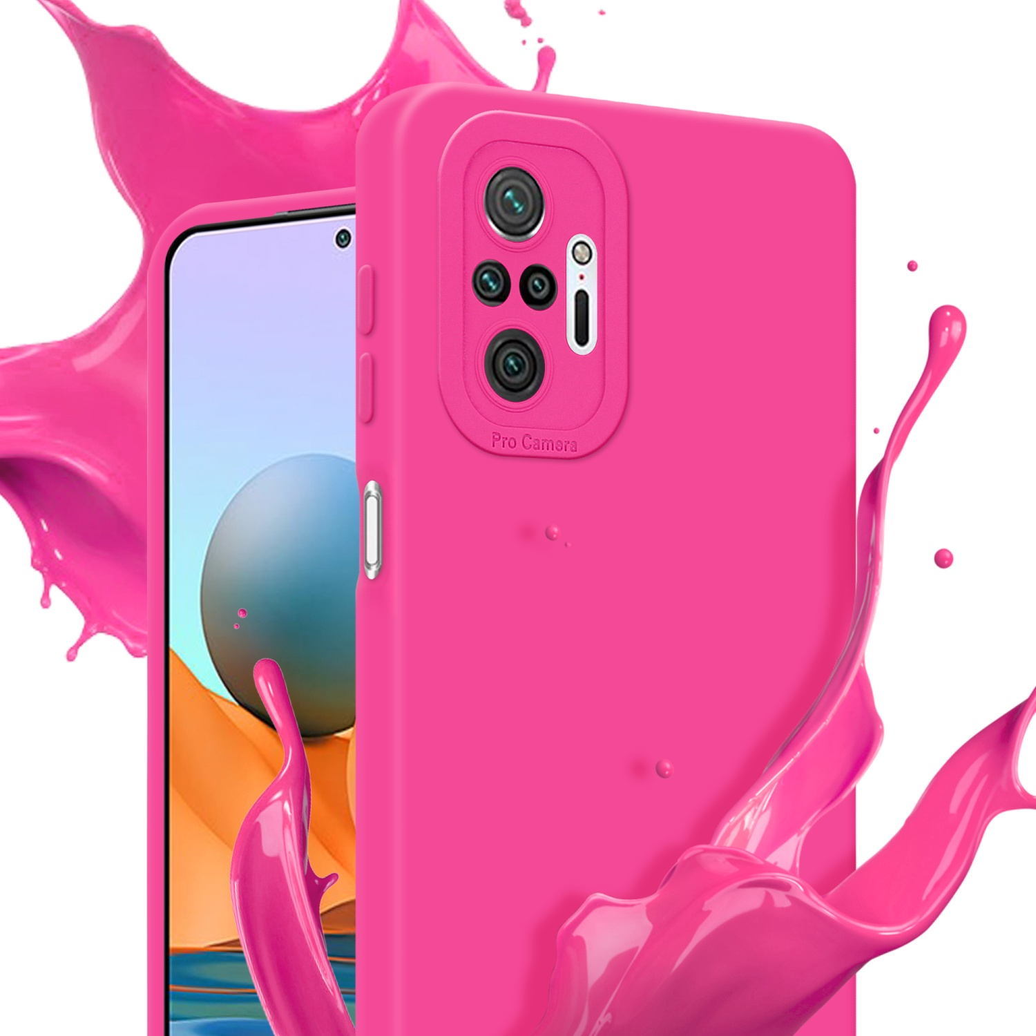 Una custodia rosa per telefono con telefono. Effetto spruzzo rosa dietro.