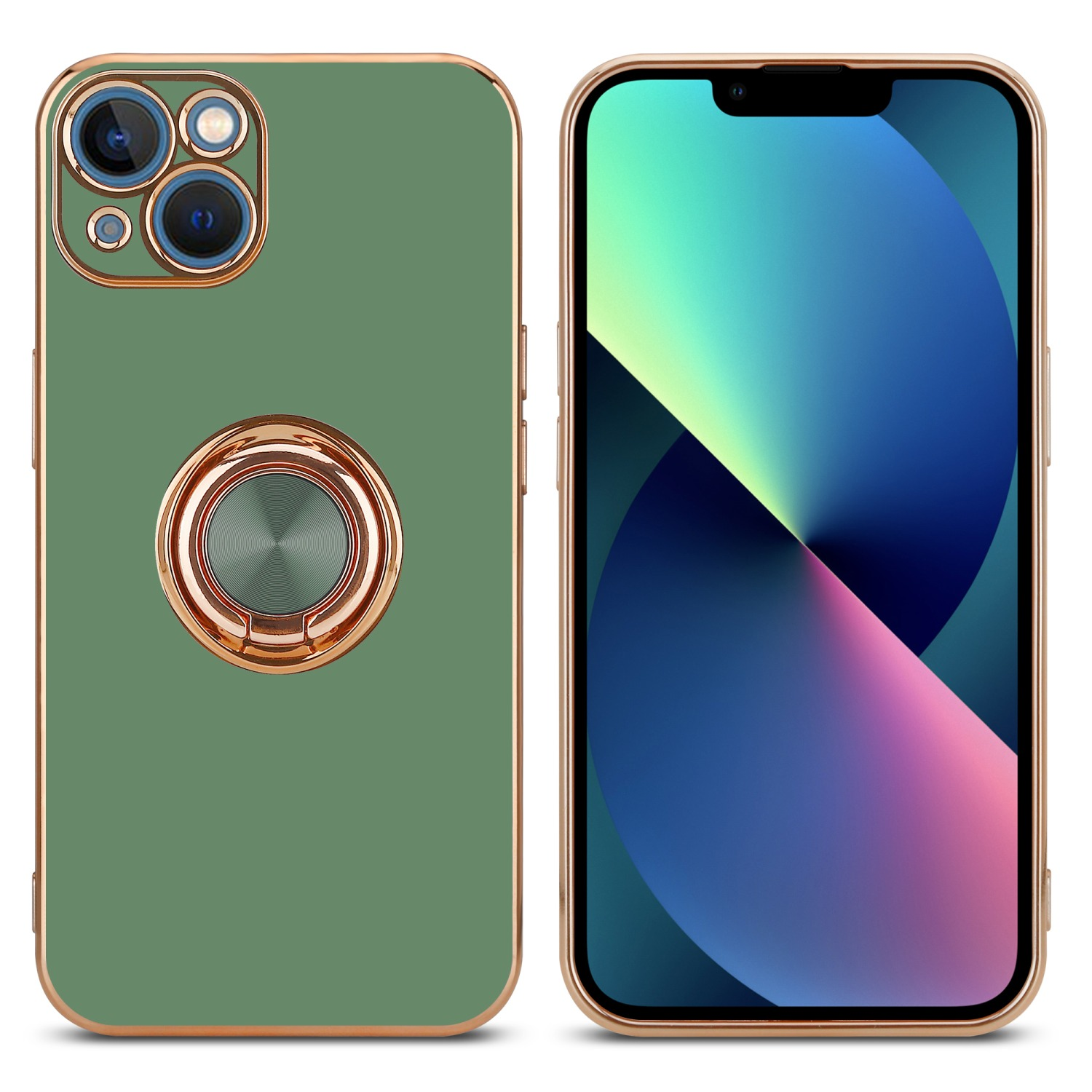 Grüne Handyhülle mit goldenem Ringhalter und Telefon, weißer Hintergrund.