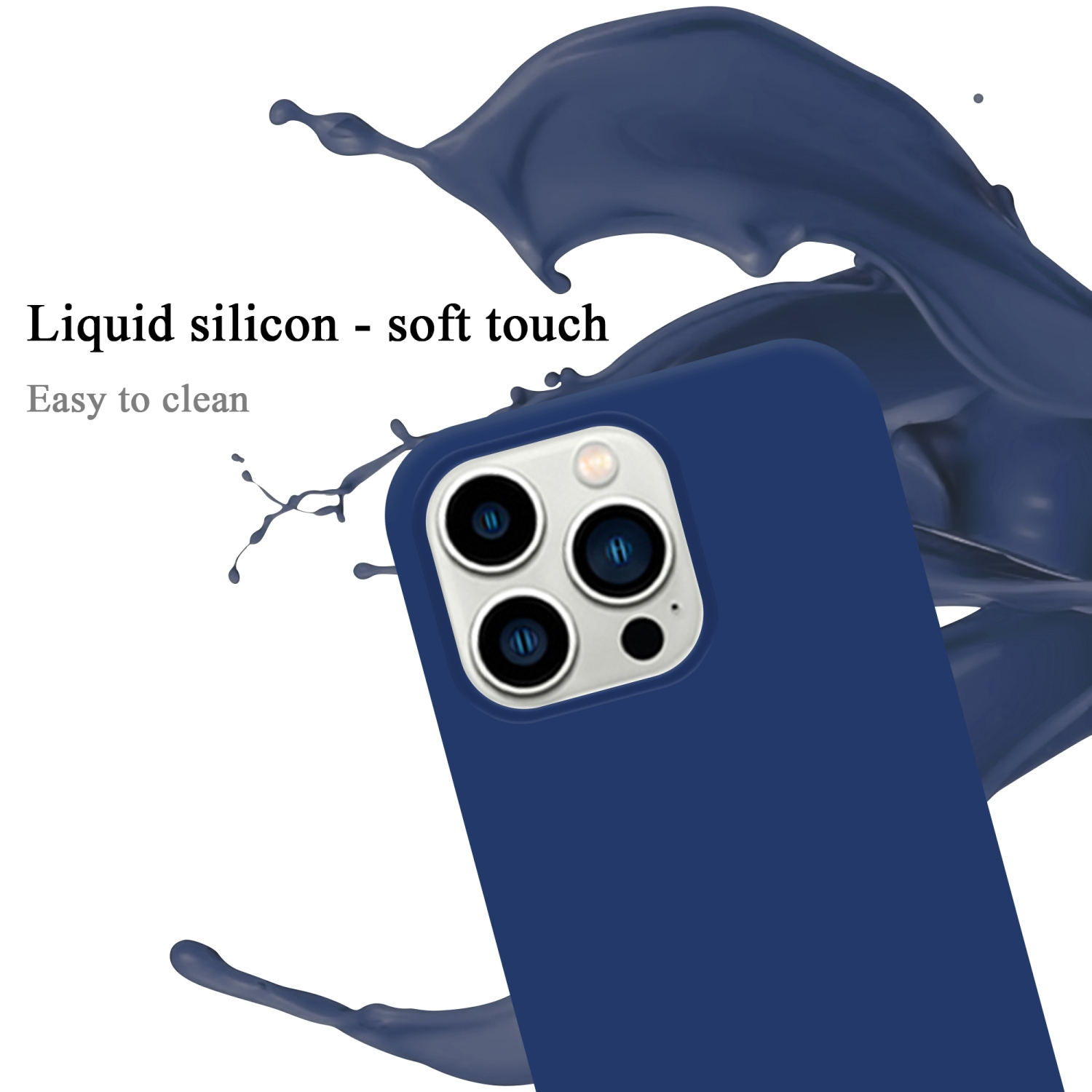 Nahaufnahme einer blauen Handyhülle mit einem Spritzer blauer Flüssigkeit, das Telefon zeigend.