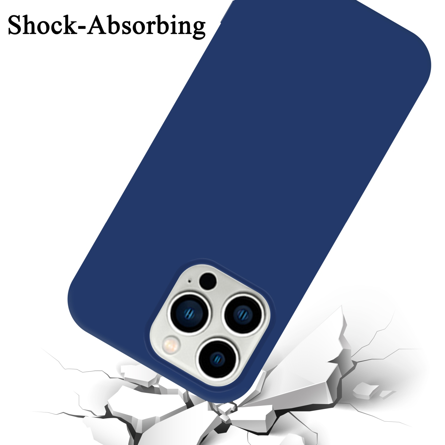 Telefon in blauer Hülle auf gerissener Oberfläche. Text: Stoßdämpfend.
