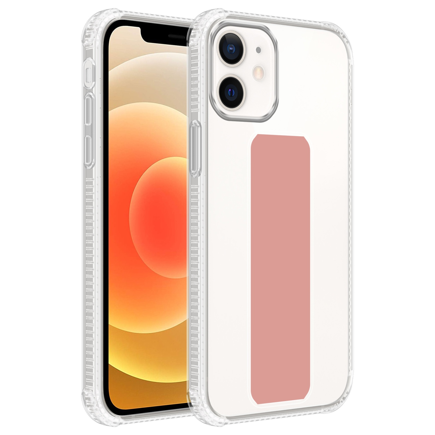 Eine transparente Handyhülle mit einem iPhone. Die Hülle hat einen rosa Streifen. Das Telefon ist weiß.