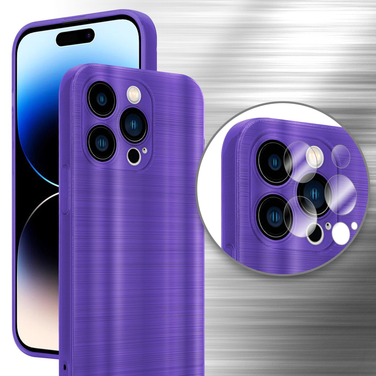 Lila Handyhülle mit gebürsteter Metallstruktur. Telefon in der Hülle. Kameradetail.