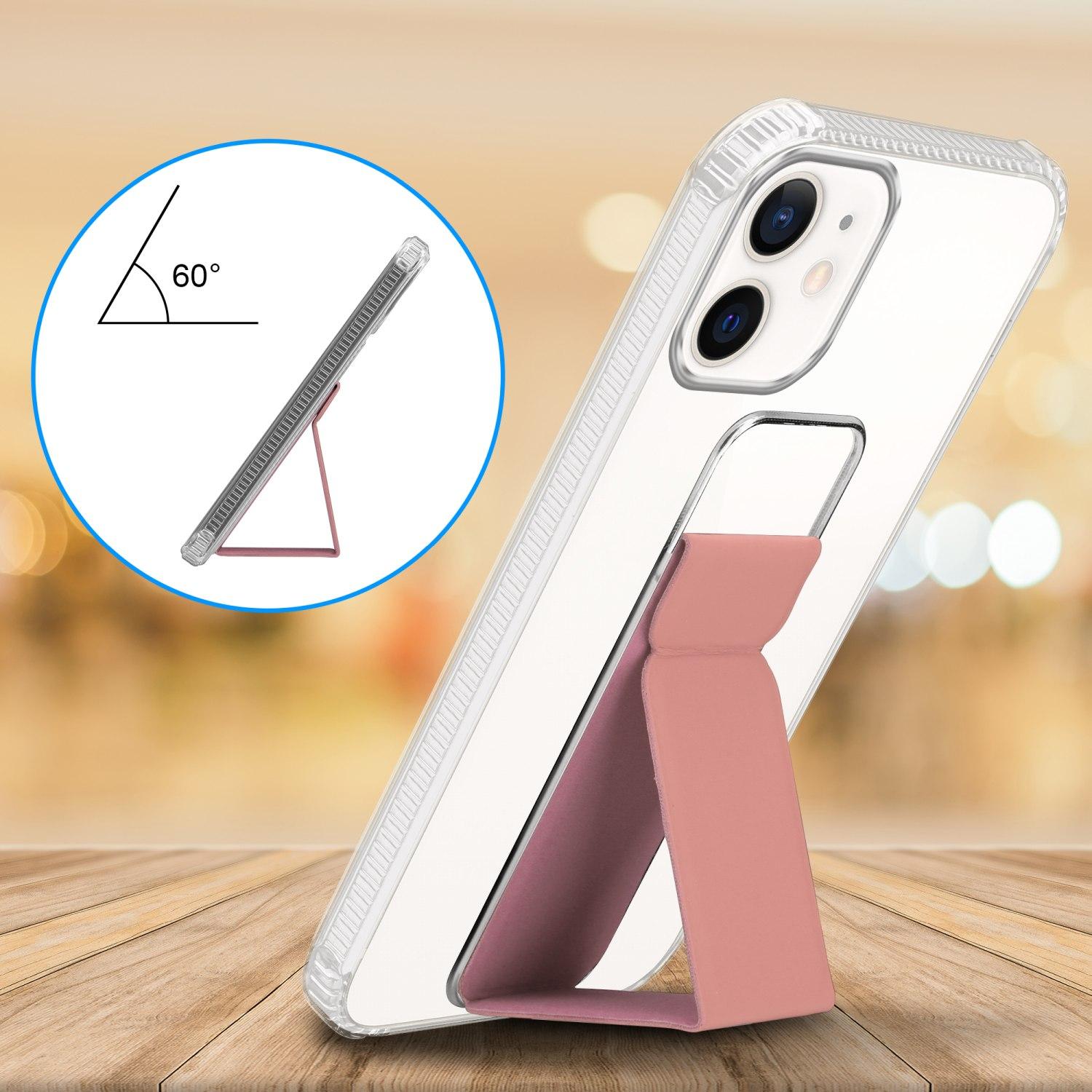 Ein Handycase mit pinkem Ständer, auf einer Holzoberfläche angewinkelt.