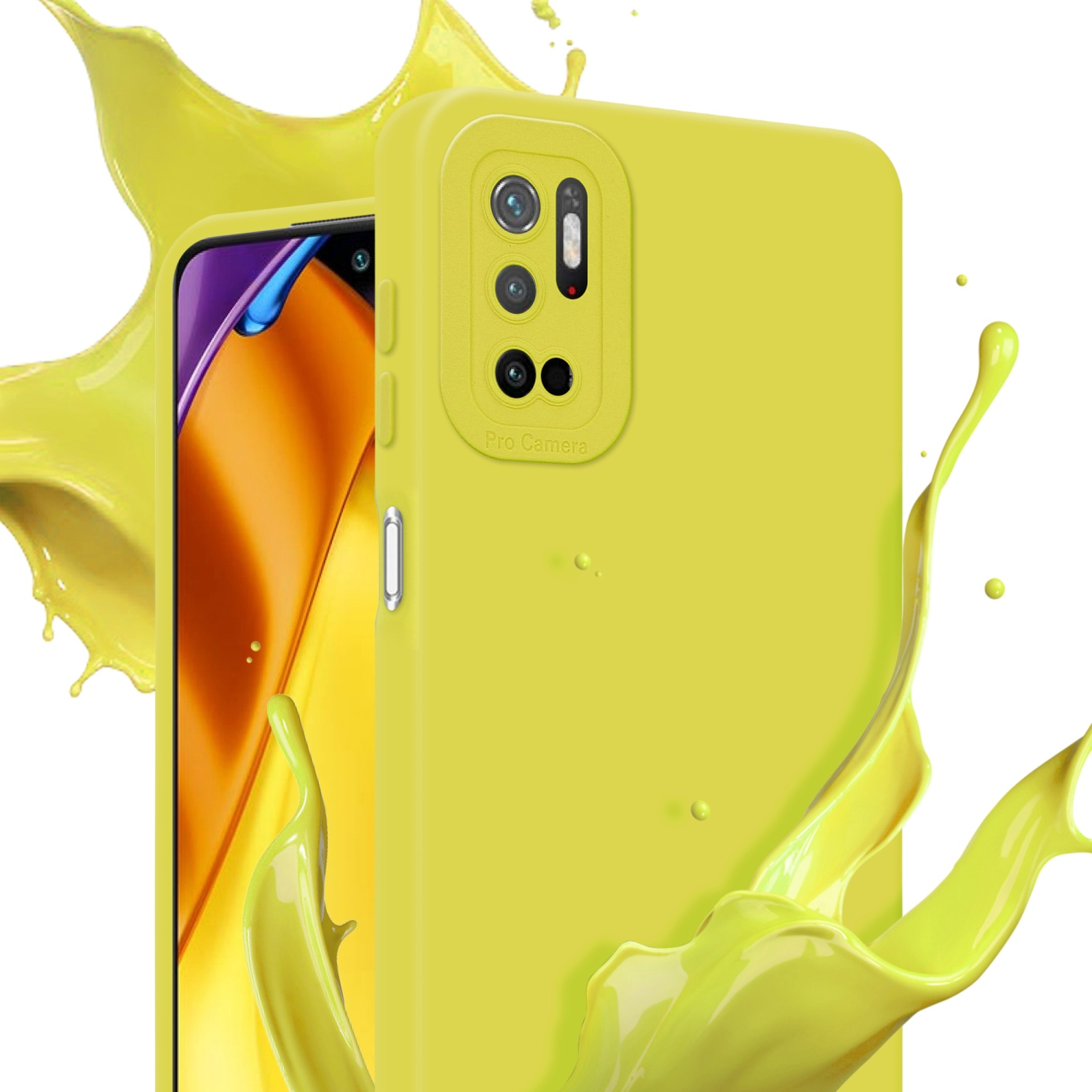 Custodia gialla con spruzzo di liquido giallo. Schermo visibile. Pro Camera.