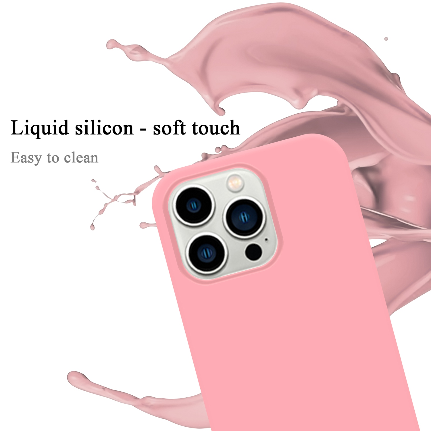 Rosa Handyhülle mit Telefon und rosa Flüssigkeitsspritzern im Hintergrund.