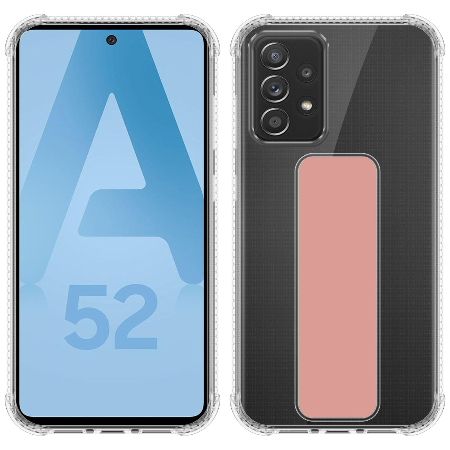 Eine Handyhülle mit durchsichtigem Rückteil und pinkfarbenem Griff. Der Bildschirm zeigt ein blaues 'A' und '52'.