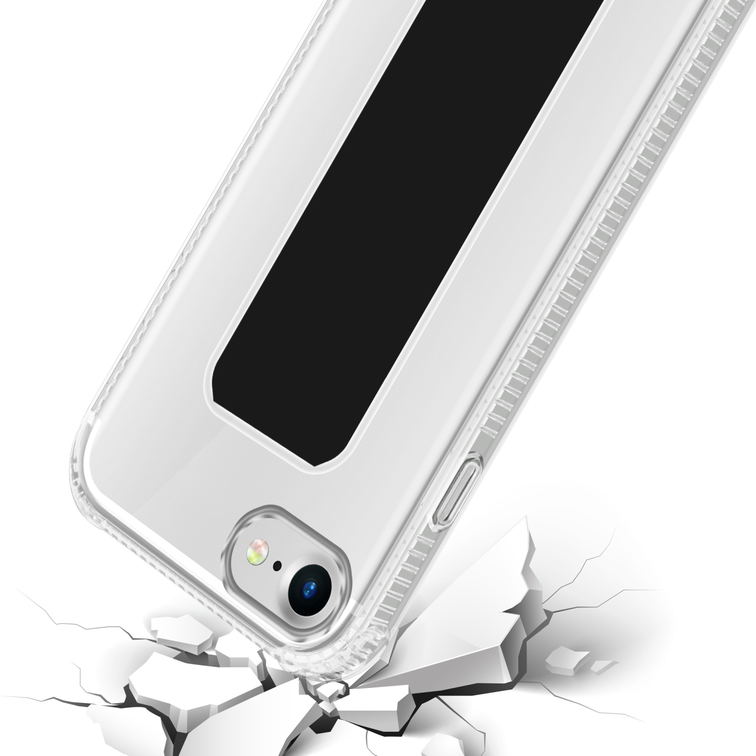 Transparente Handyhülle auf weisser Oberfläche mit Rissen. Die Hülle ist transparent mit schwarzem Balken, Kamera sichtbar.