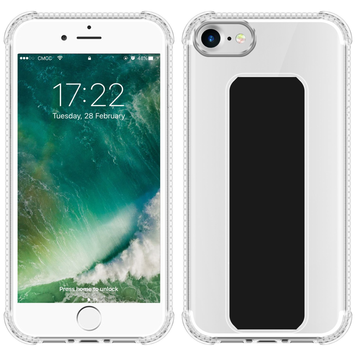 Zwei Seiten einer weißen iPhone 7 Hülle mit durchsichtigem Rücken und schwarzem Rechteck.