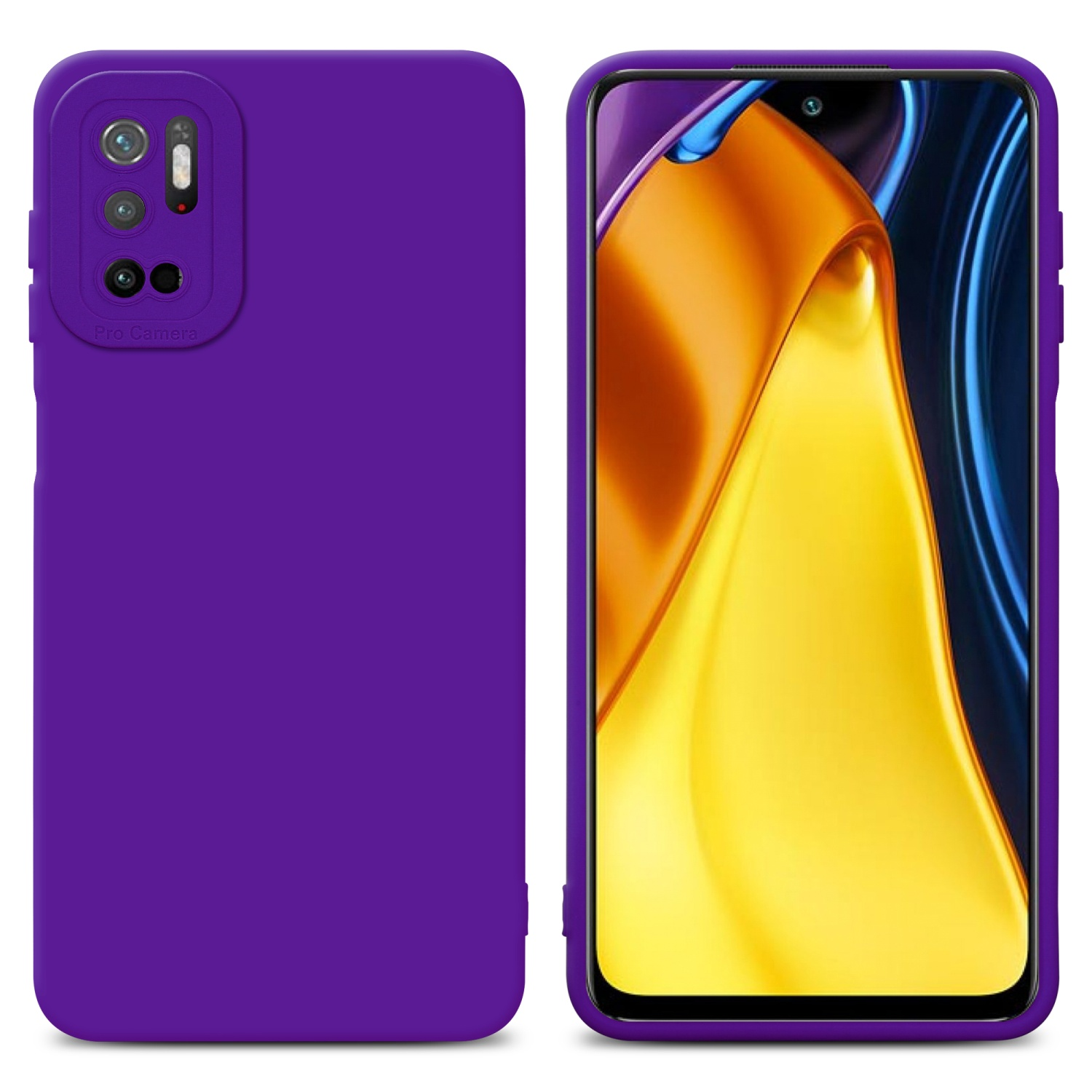 Custodia viola per telefono. Il telefono è a destra con lo schermo acceso e la custodia a sinistra.