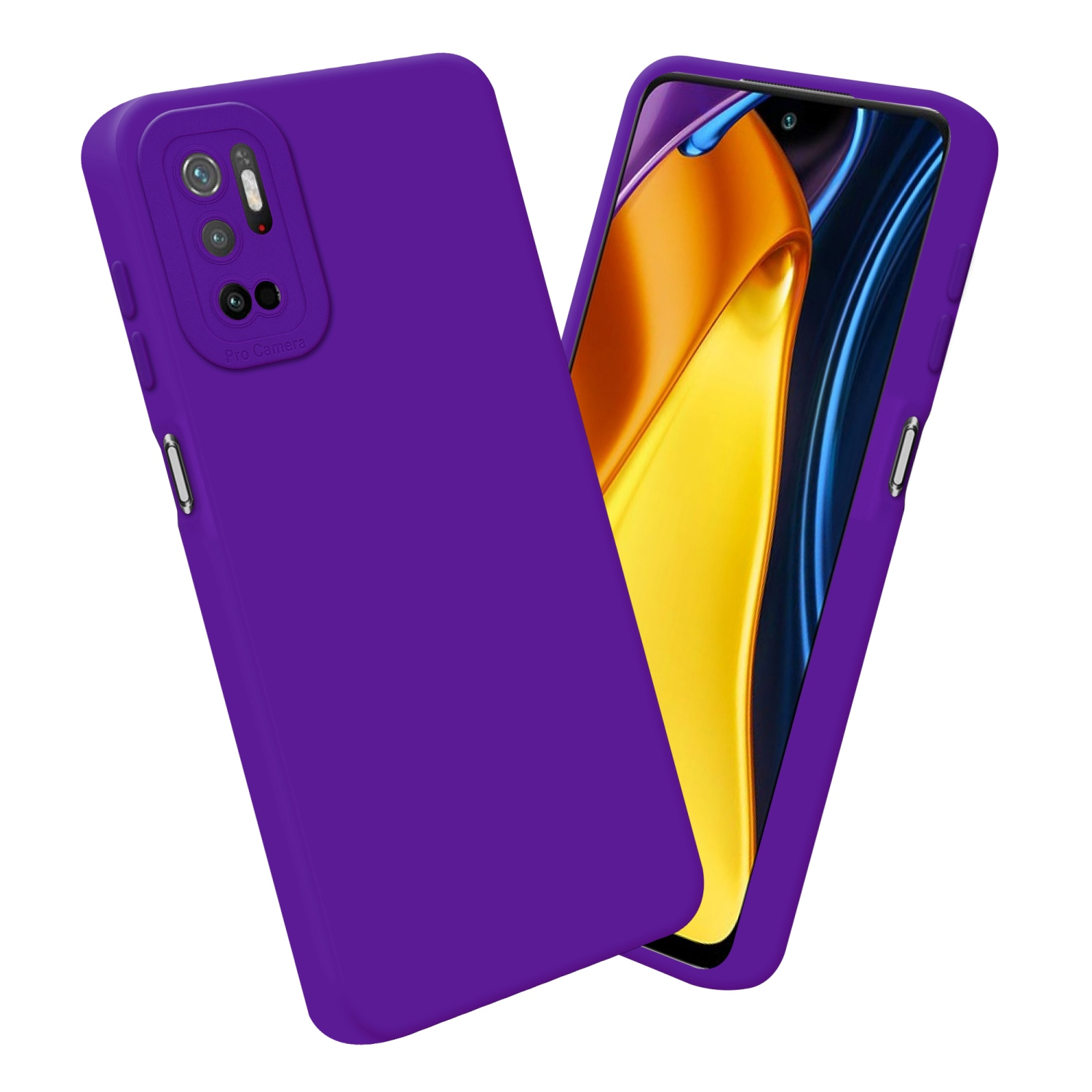 Custodie viola per telefono, una che mostra lo schermo. Sfondo bianco.