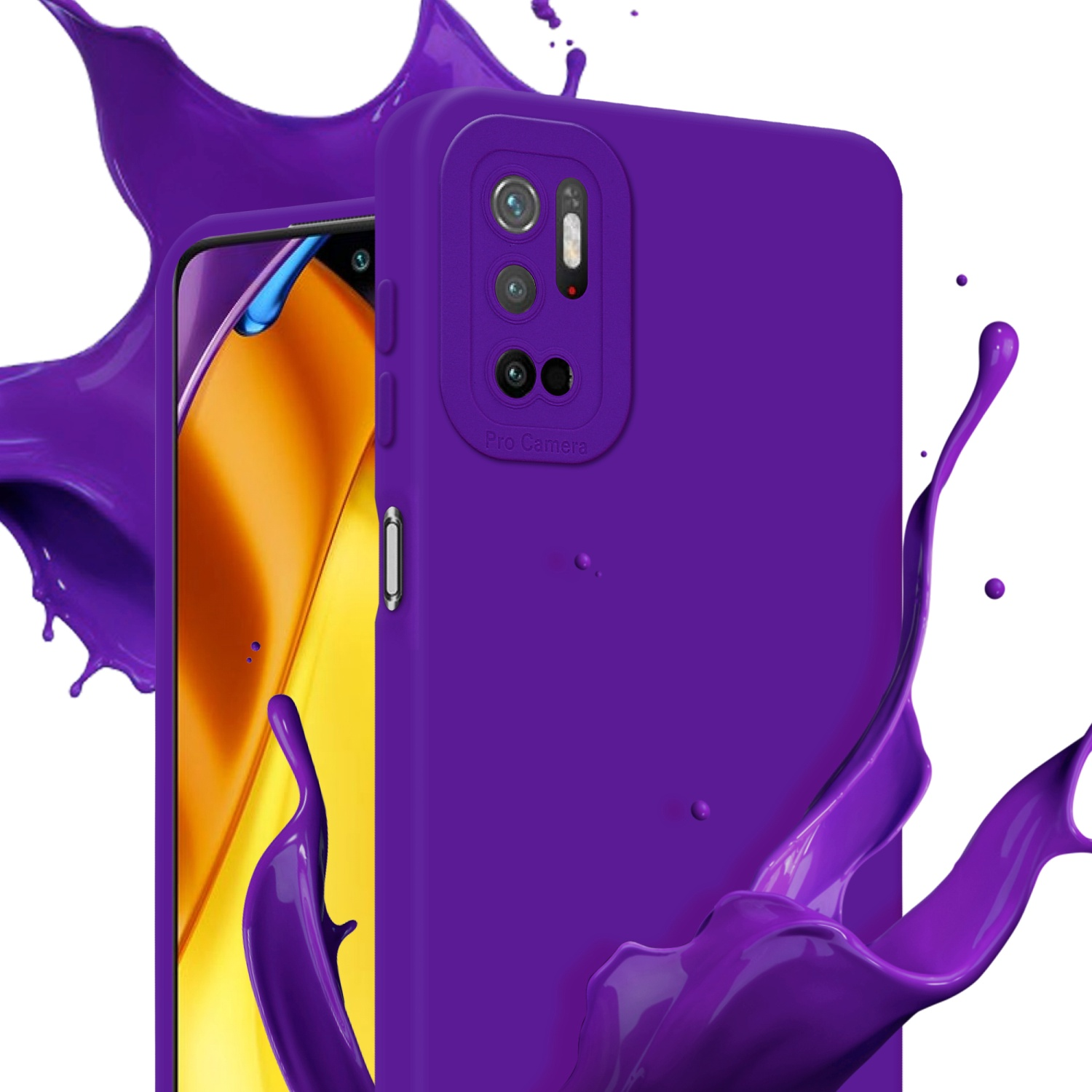 Custodia viola con telefono dentro, effetto schizzo di vernice.