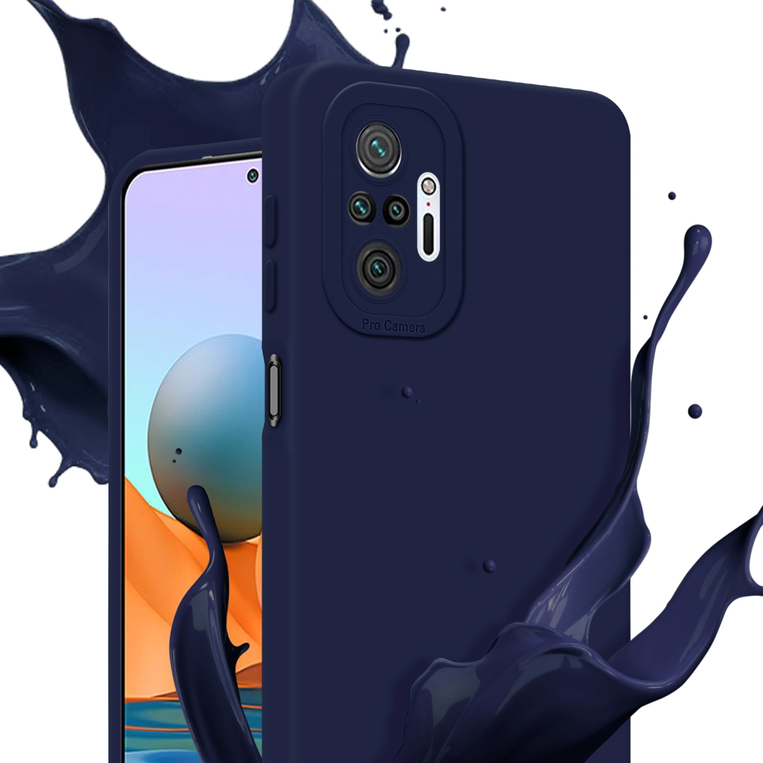 Custodia blu navy su uno smartphone con spruzzi di liquido blu.