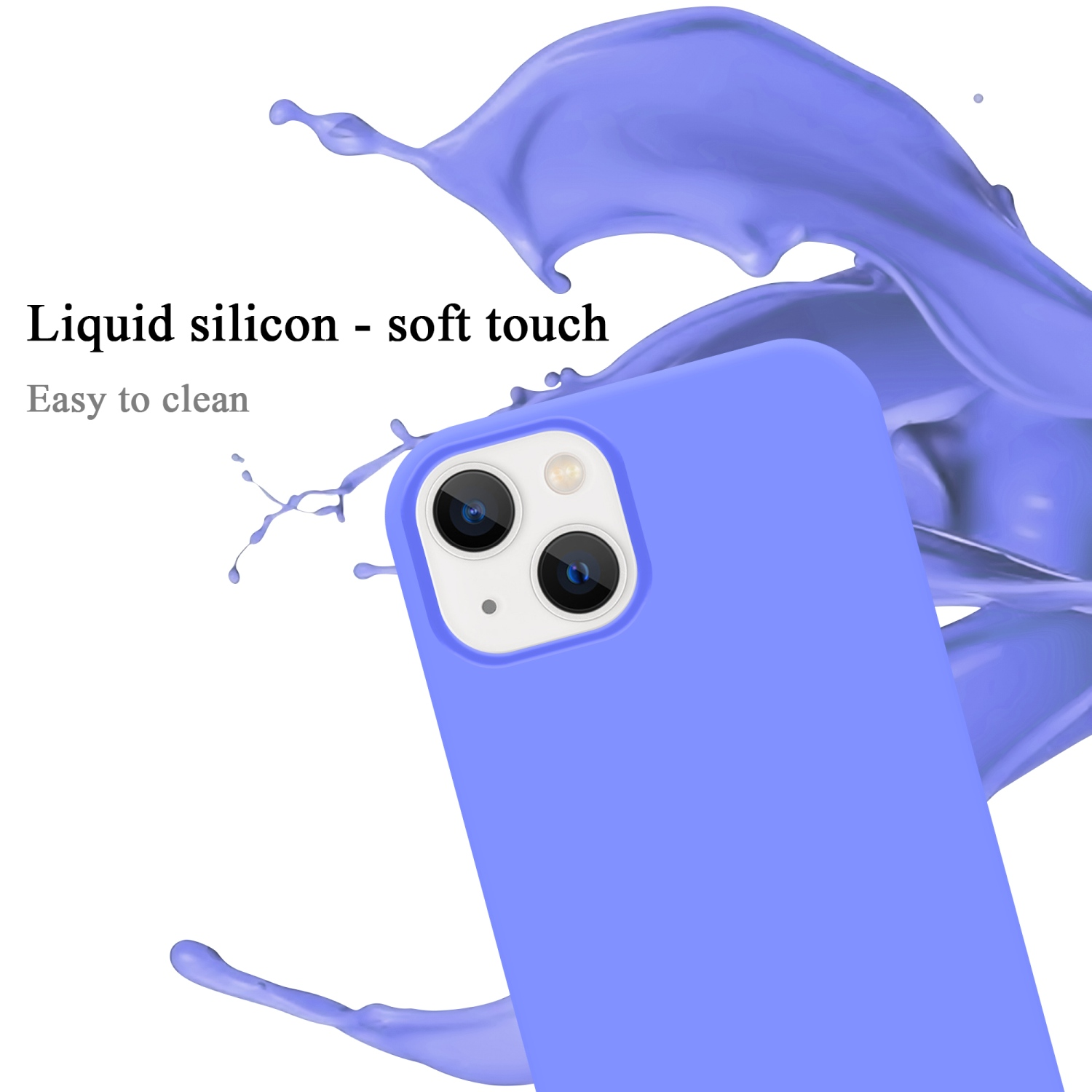 Blaue Handyhülle mit Flüssigkeitsspritzer. Text: „Flüssiges Silikon – Soft-Touch“ und Telefon.