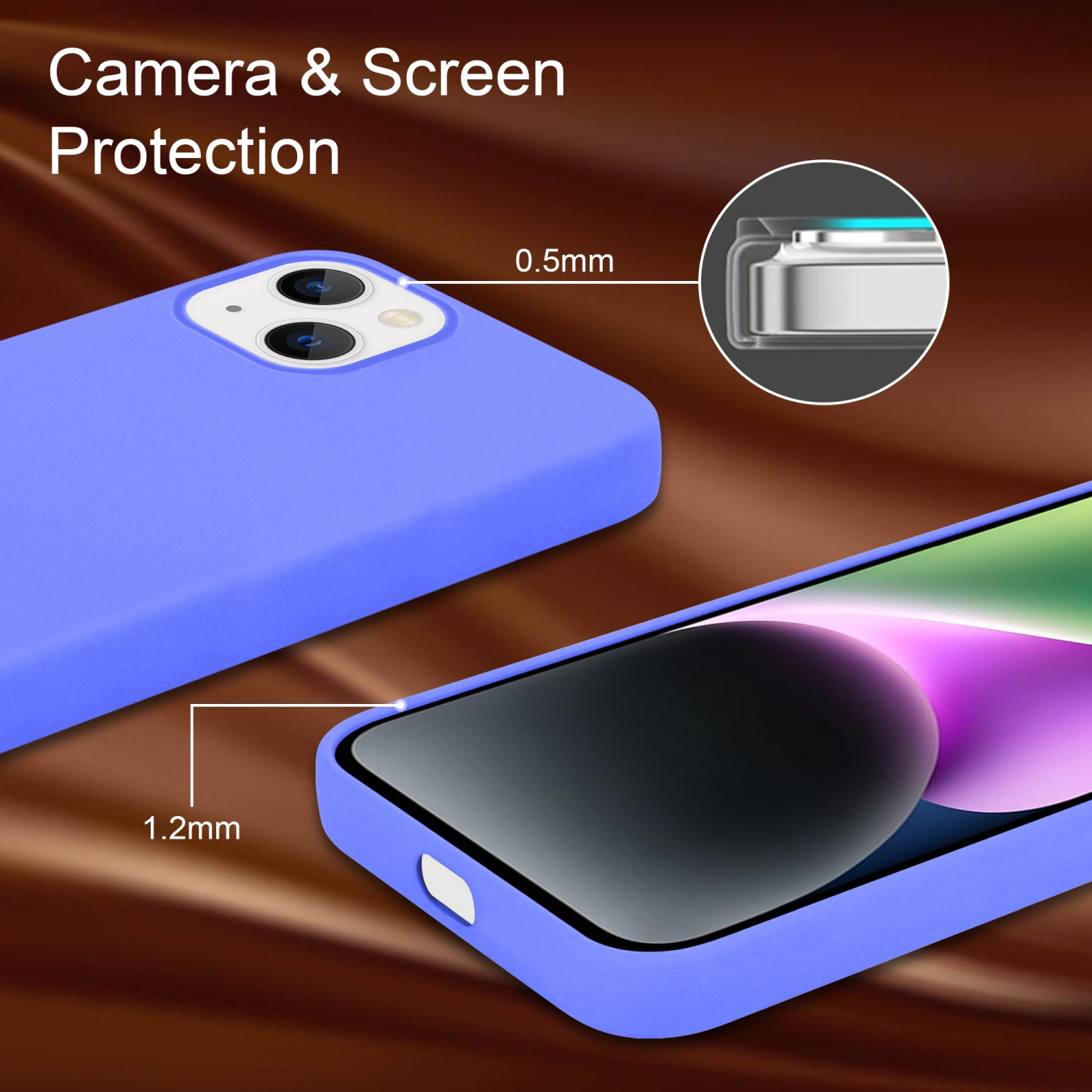 Eine blaue Handyhülle mit Telefon darin, Nahaufnahme, zeigt Kamera- und Bildschirmschutzdetails.