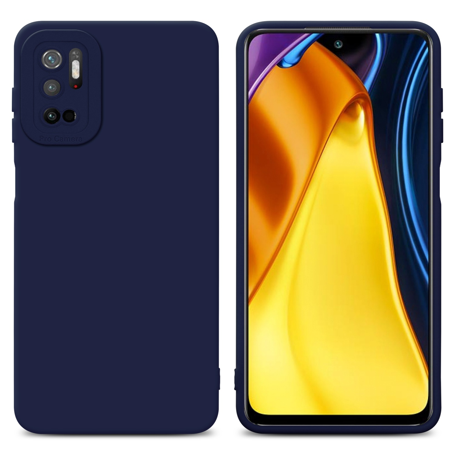 Custodia blu navy con sporgenza della fotocamera e schermo del telefono. Sfondo bianco.