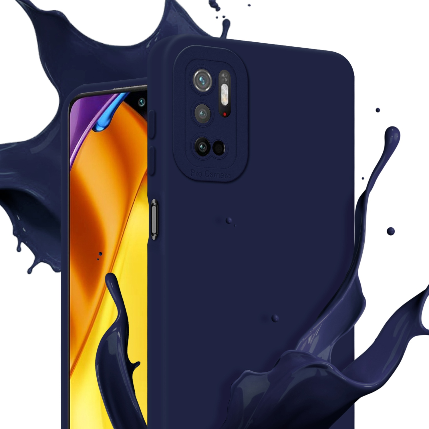 Una custodia per telefono blu scuro con un'esplosione di vernice blu, che mostra la fotocamera del telefono.