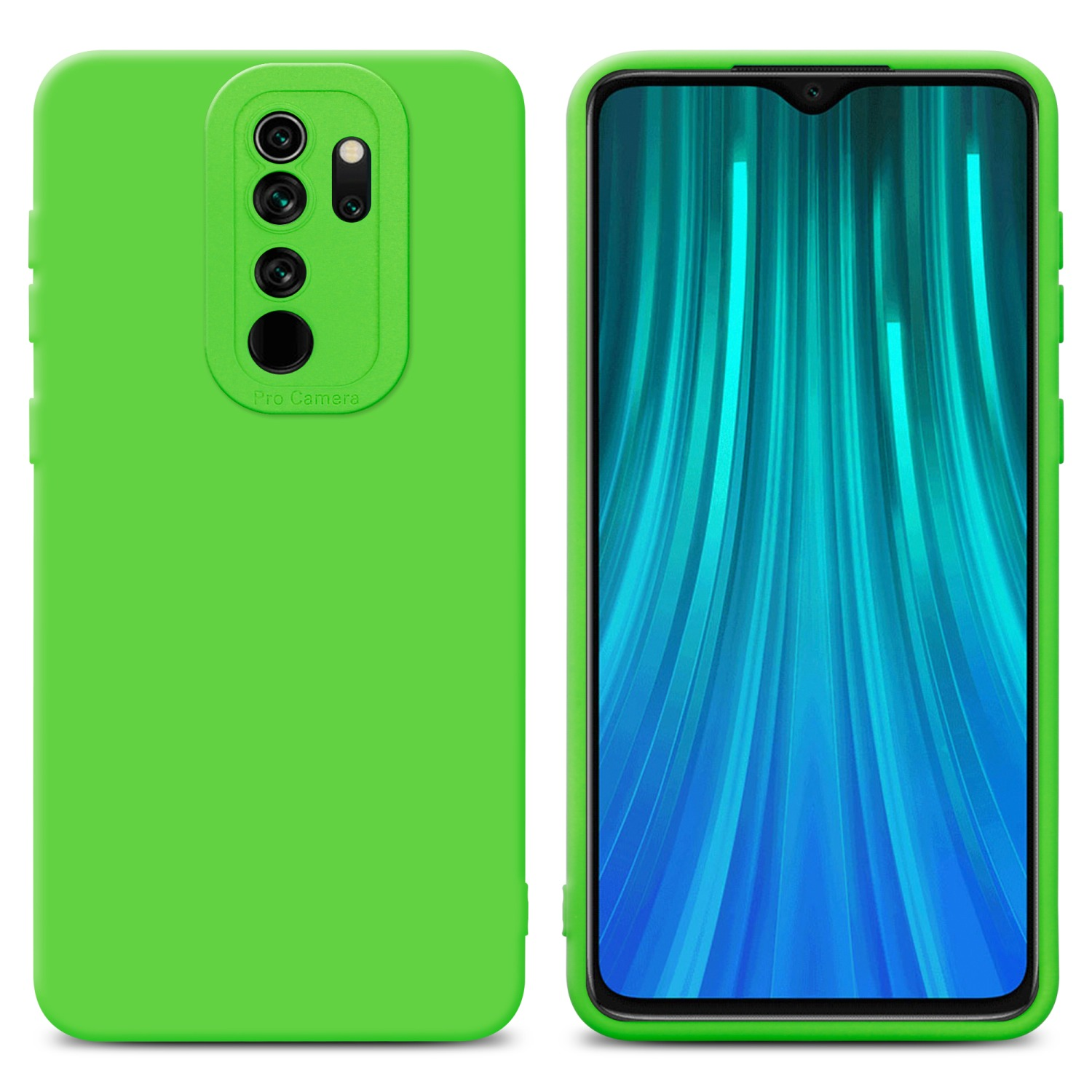 Custodia verde per telefono su due lati. Schermo del telefono visibile sul lato destro. Sfondo verde.
