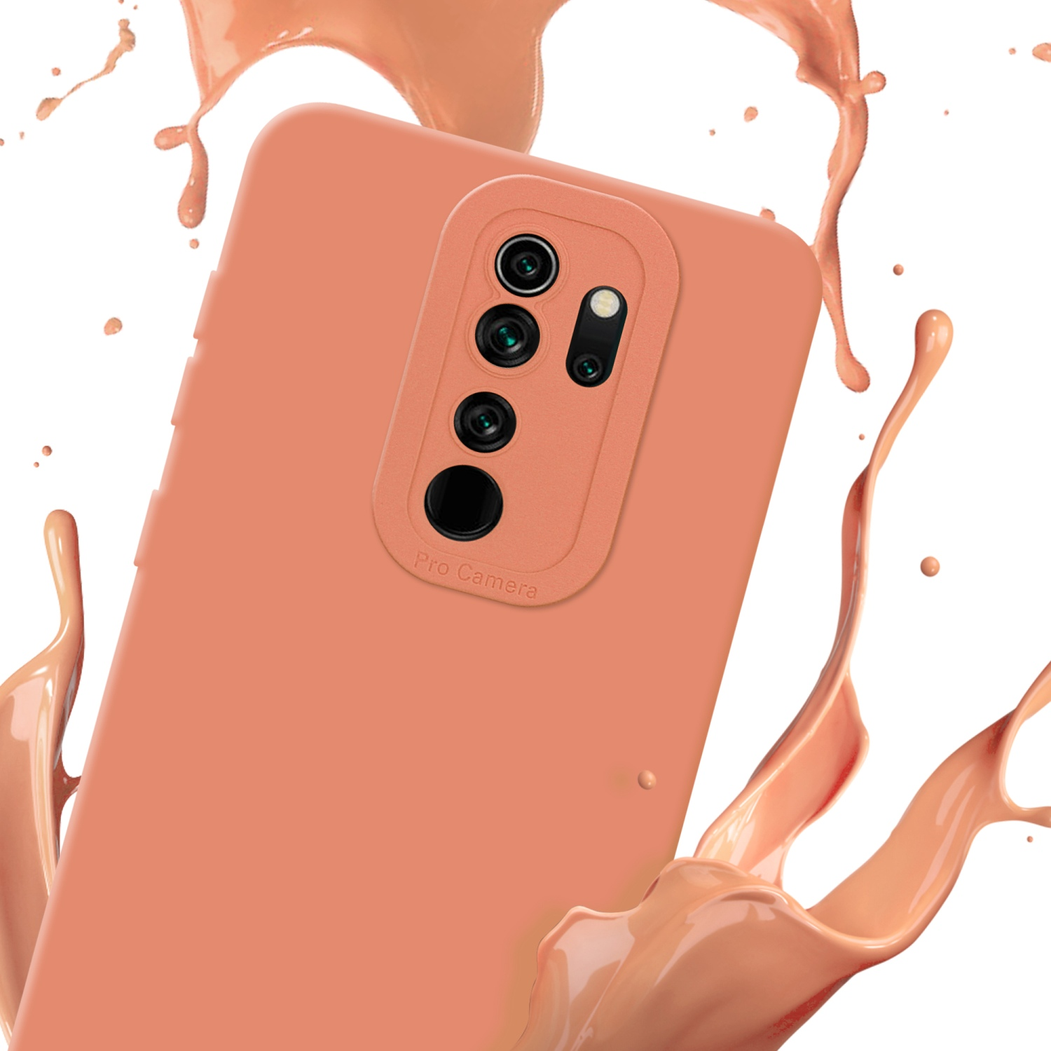 Custodia arancione con sporgenza per fotocamera. Schizzo di vernice rosa sullo sfondo. Angolato.