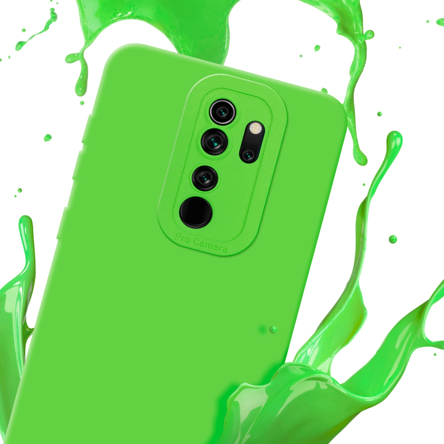 Una custodia per telefono verde con uno spruzzo di liquido verde. La custodia ha 4 ritagli per la fotocamera e un flash.
