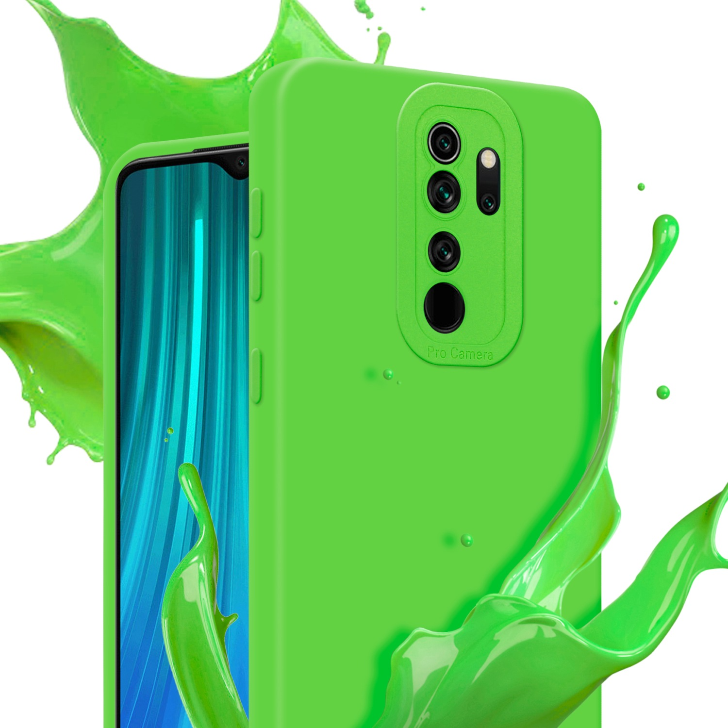 Una custodia per telefono verde lime è mostrata con uno spruzzo di vernice verde sullo sfondo.